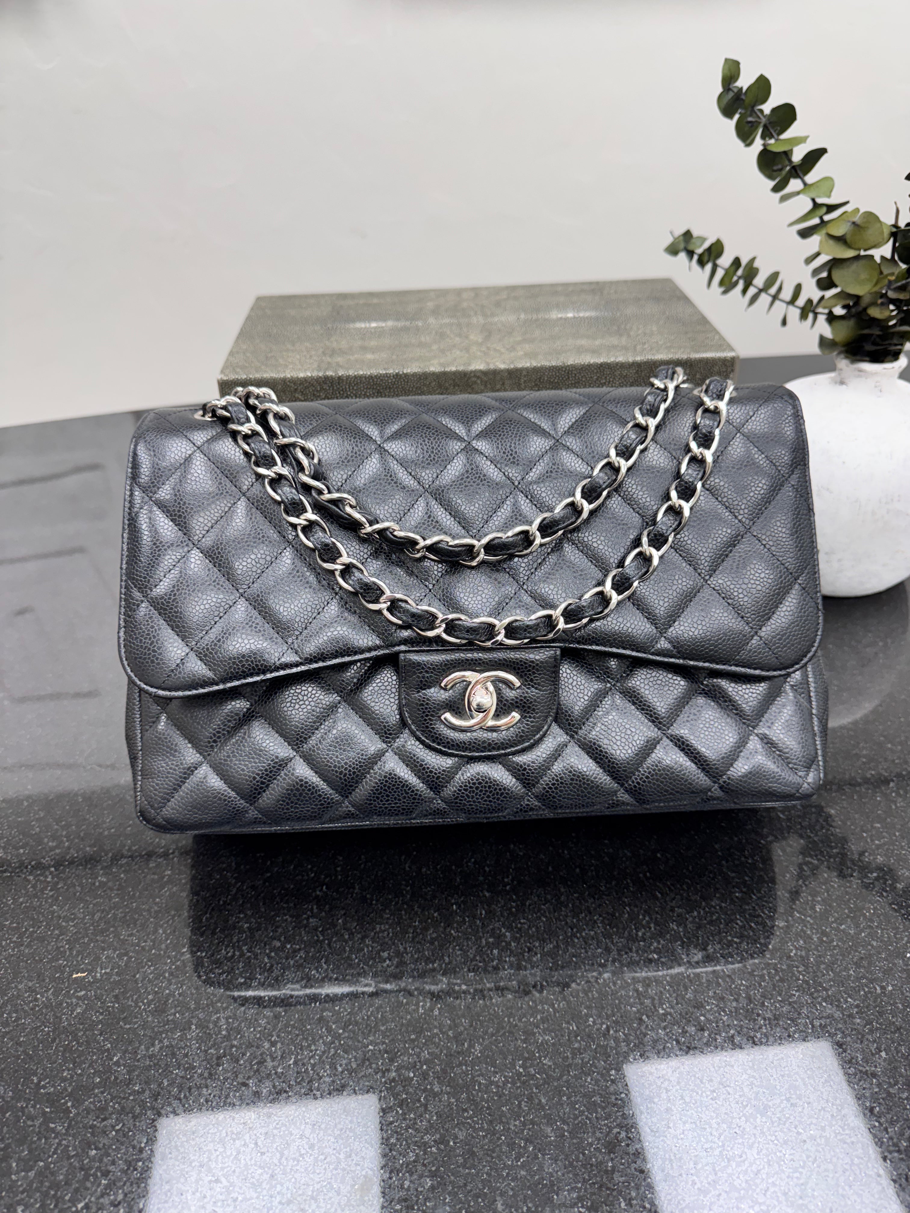 Chanel Black Diamond Quilted Caviar Leather Jumbo Classic Double Flap Bag