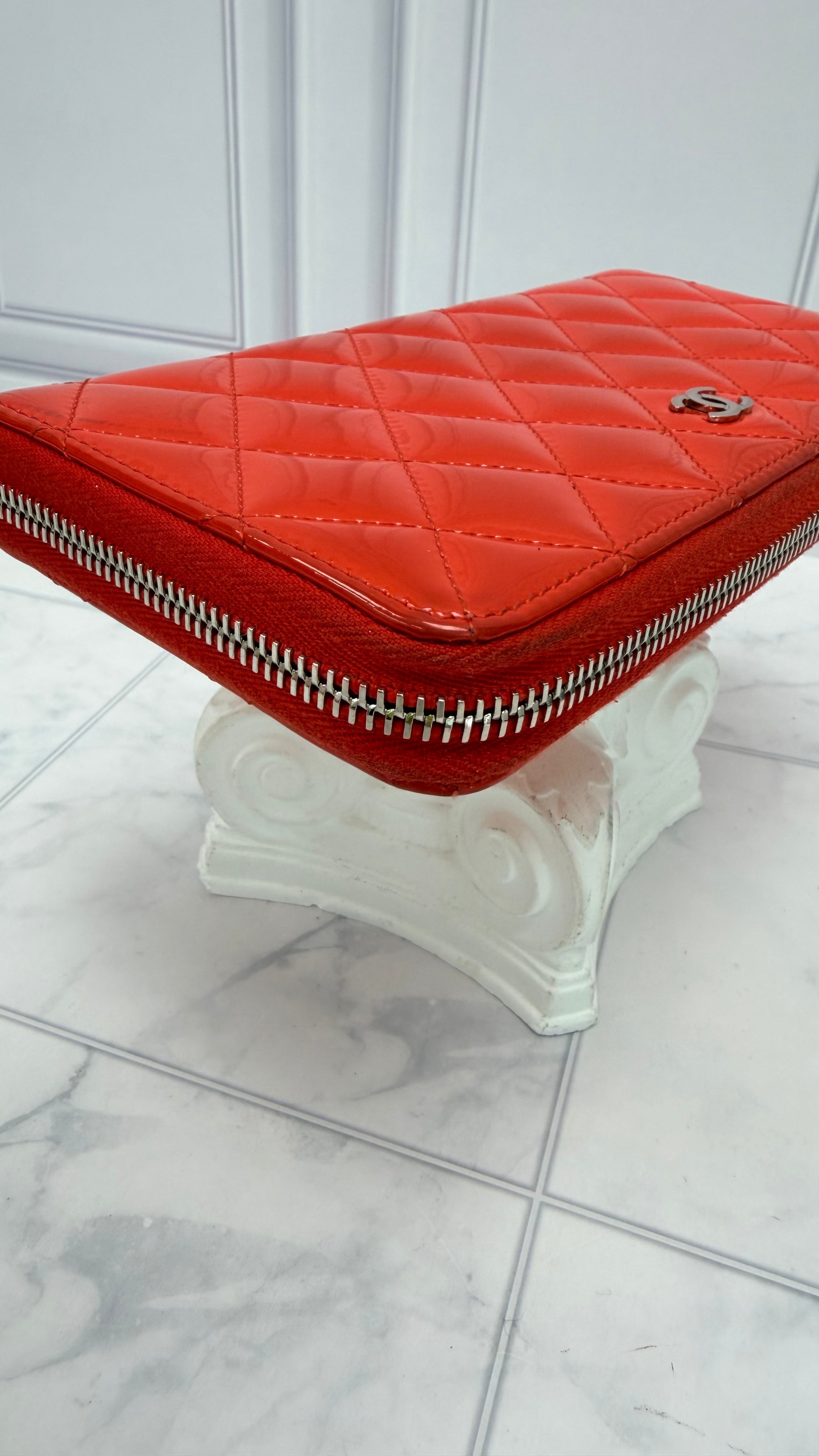 Chanel Red Patent Leather Quilted Zippy Wallet