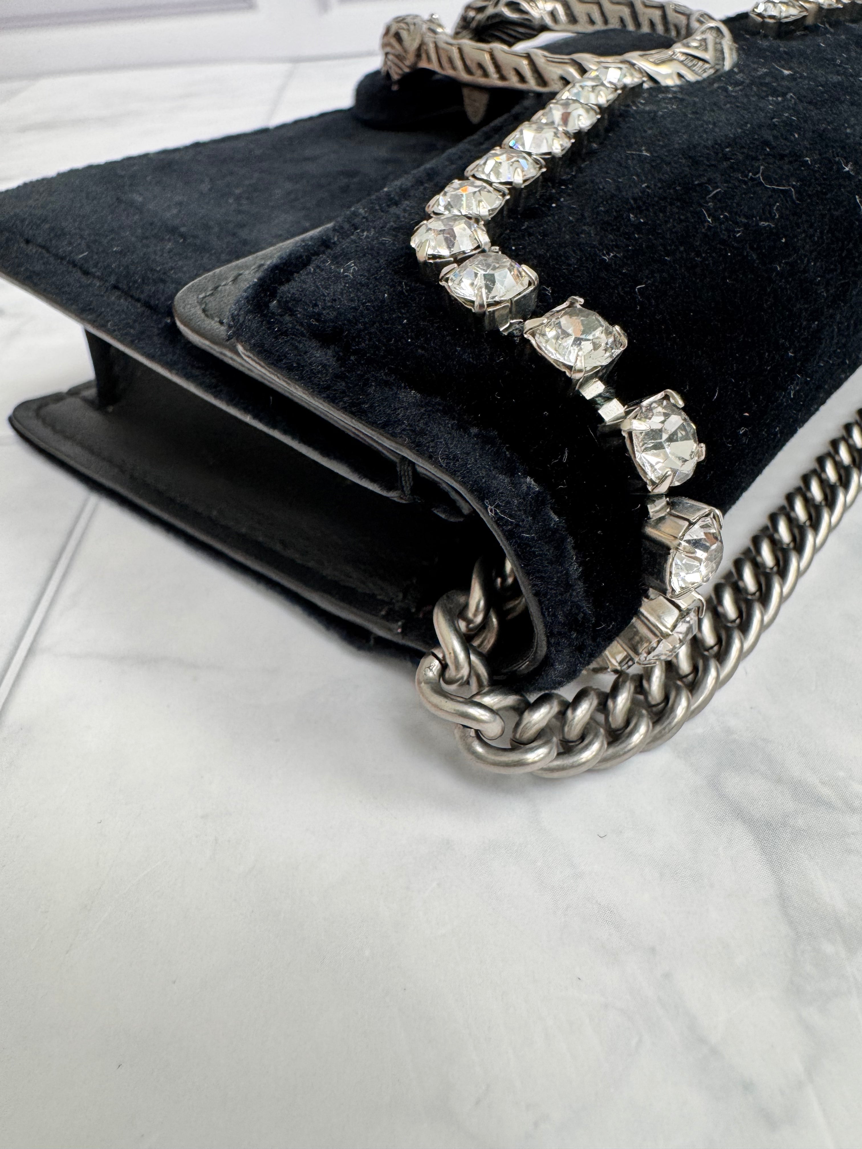 Gucci Black Velvet Dionysus Super Mini Chain Crossbody Bag