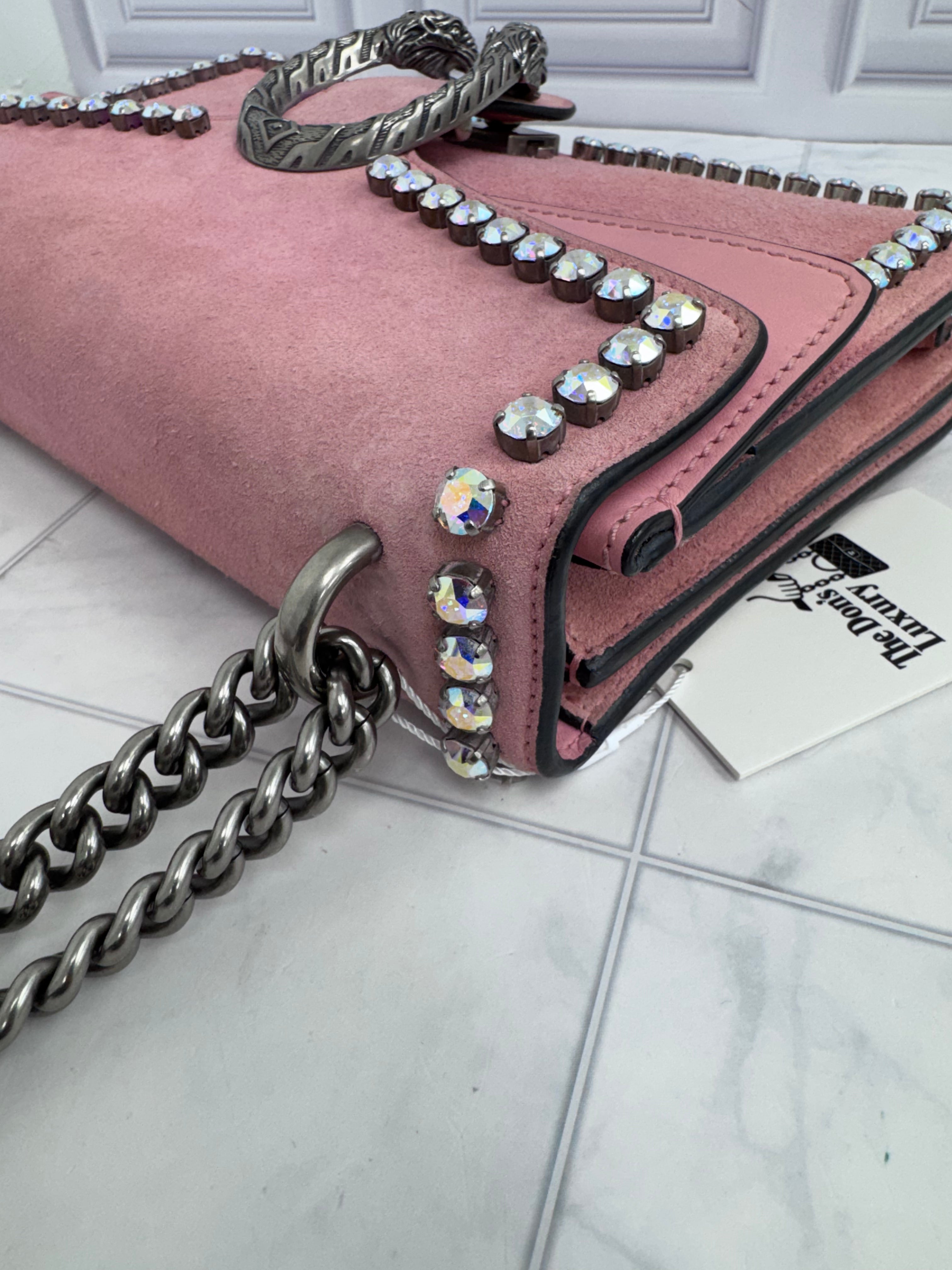 Gucci Pink Suede Crystal Dionysus Small Chain Shoulder Bag