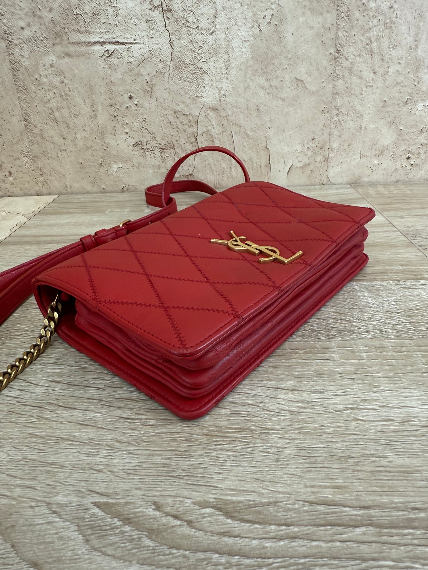 Saint Laurent YSL Red Quilted Leather Angie Chain Crossbody Bag