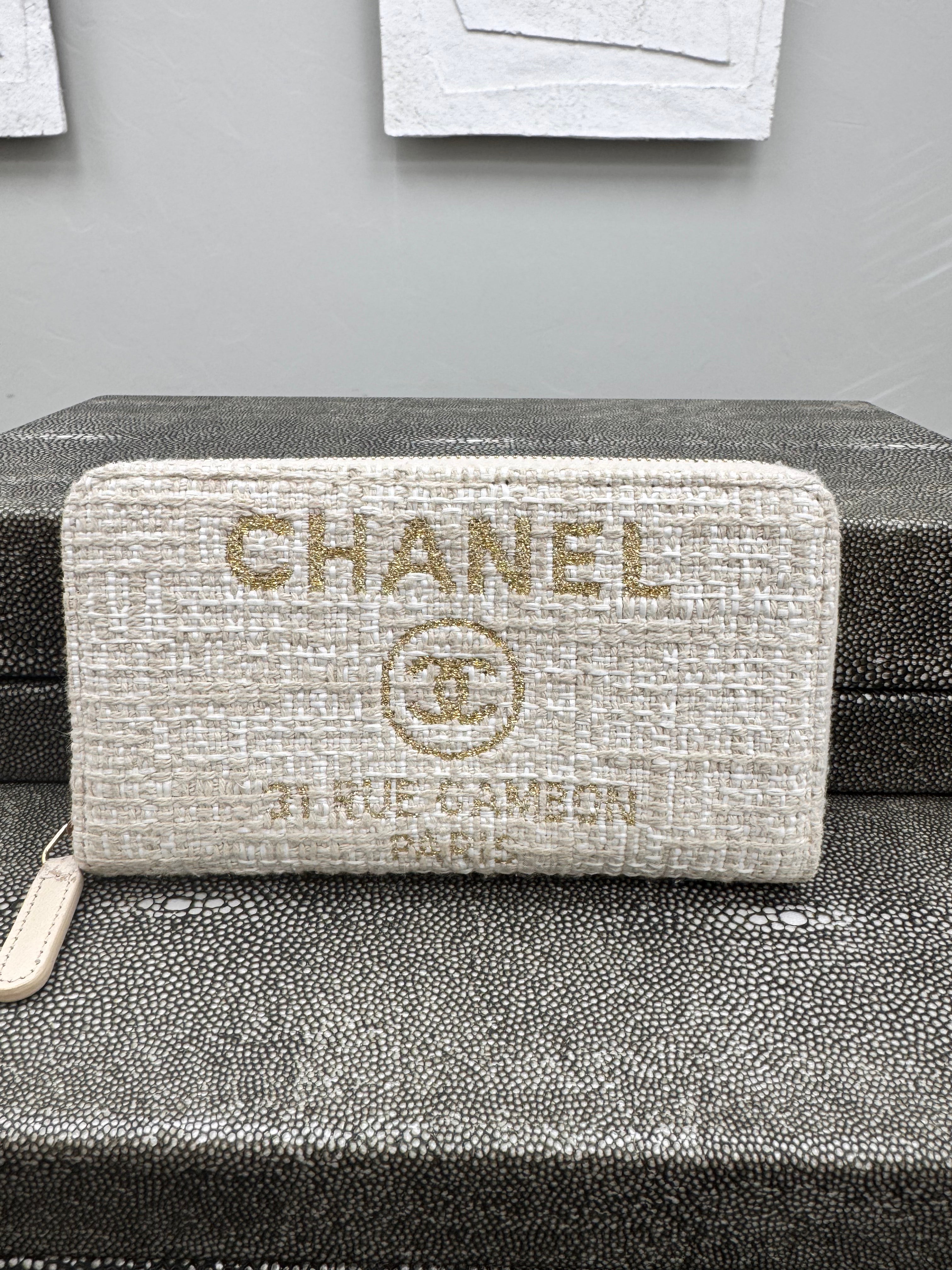 Chanel Beige Tweed Deauville Compact Zippy Wallet