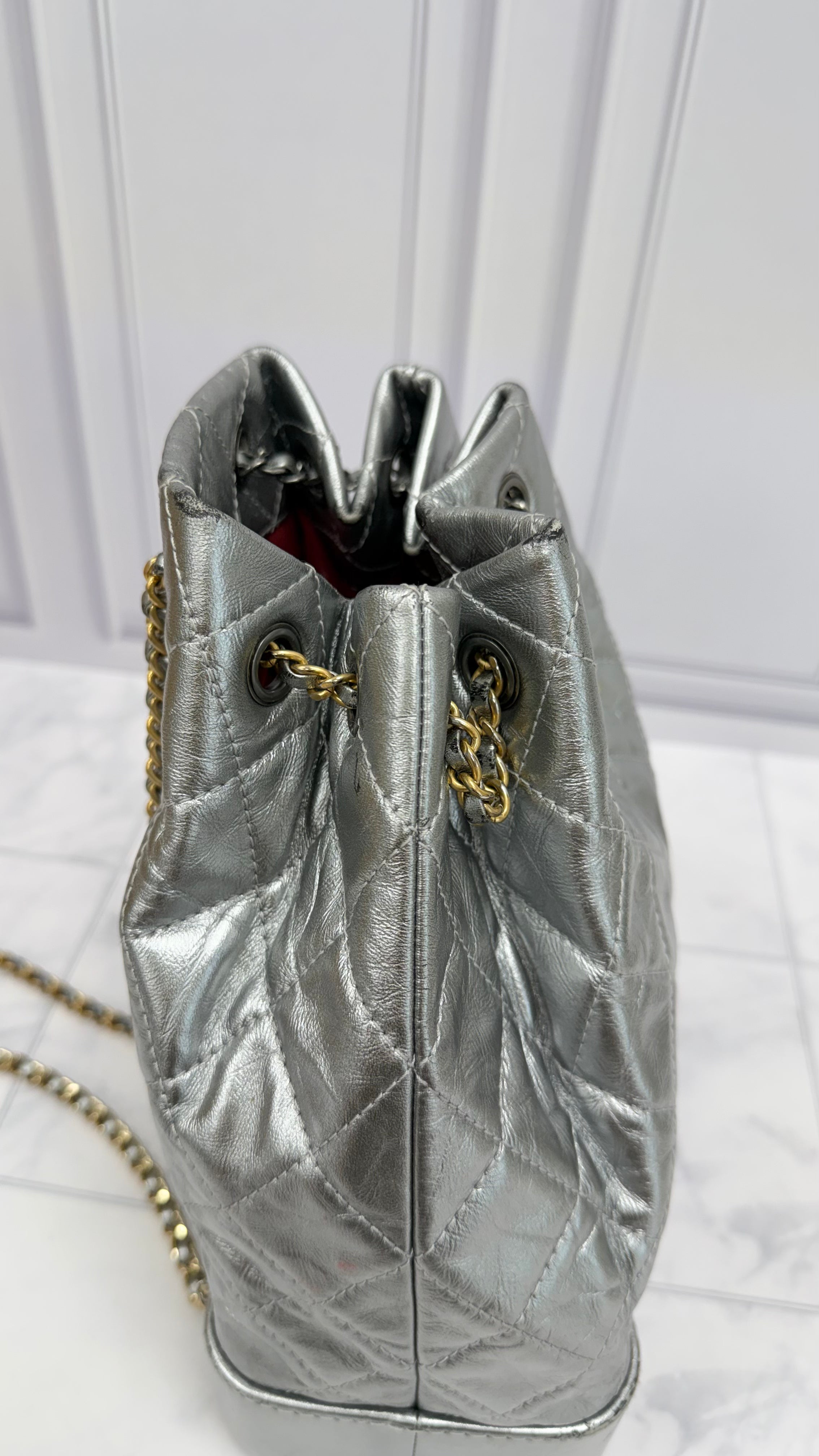 Chanel Silver Crumpled Calfskin Small Gabrielle Backpack