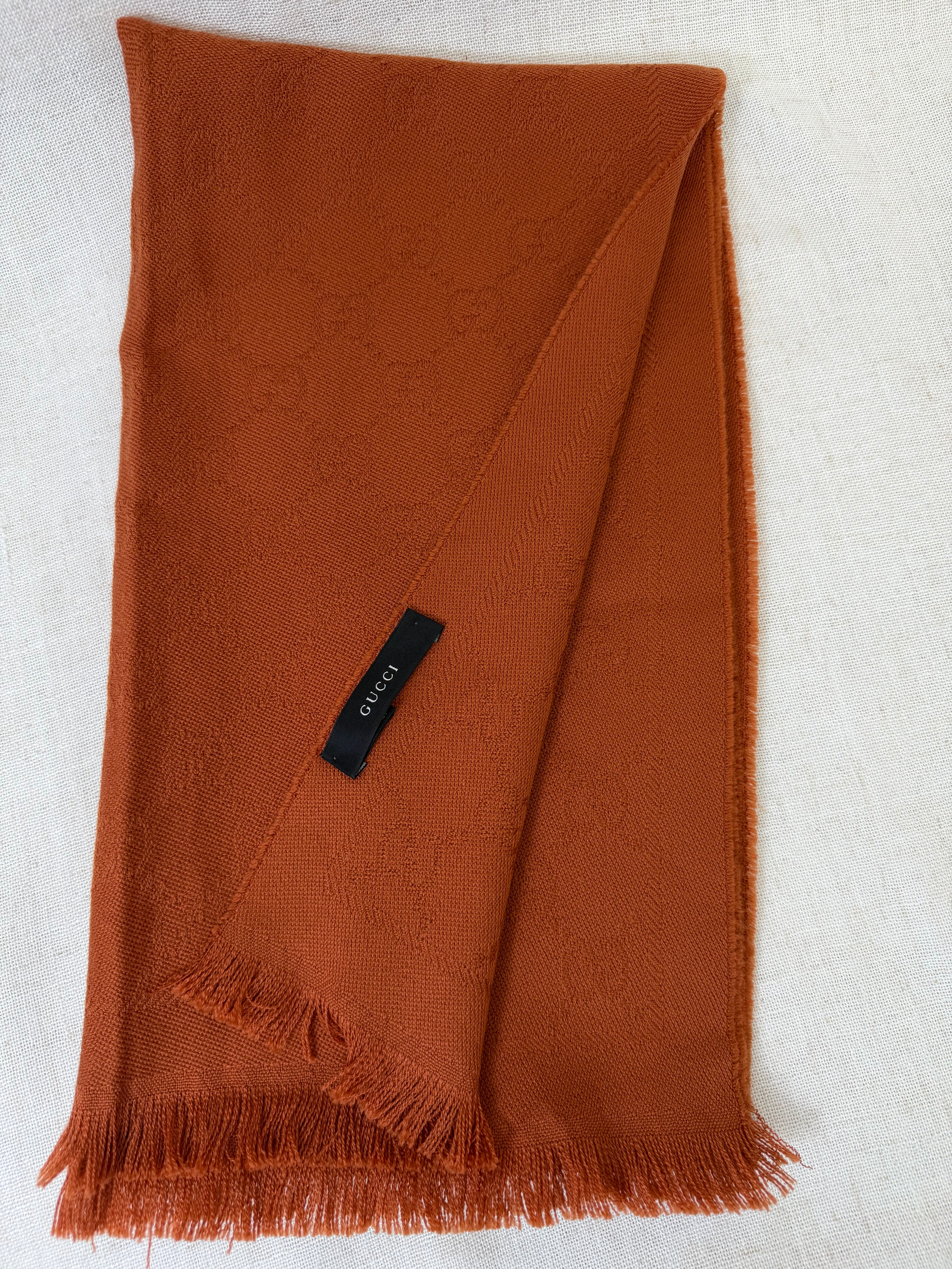 Gucci Burnt Orange Wool Fringe Shawl Scarf