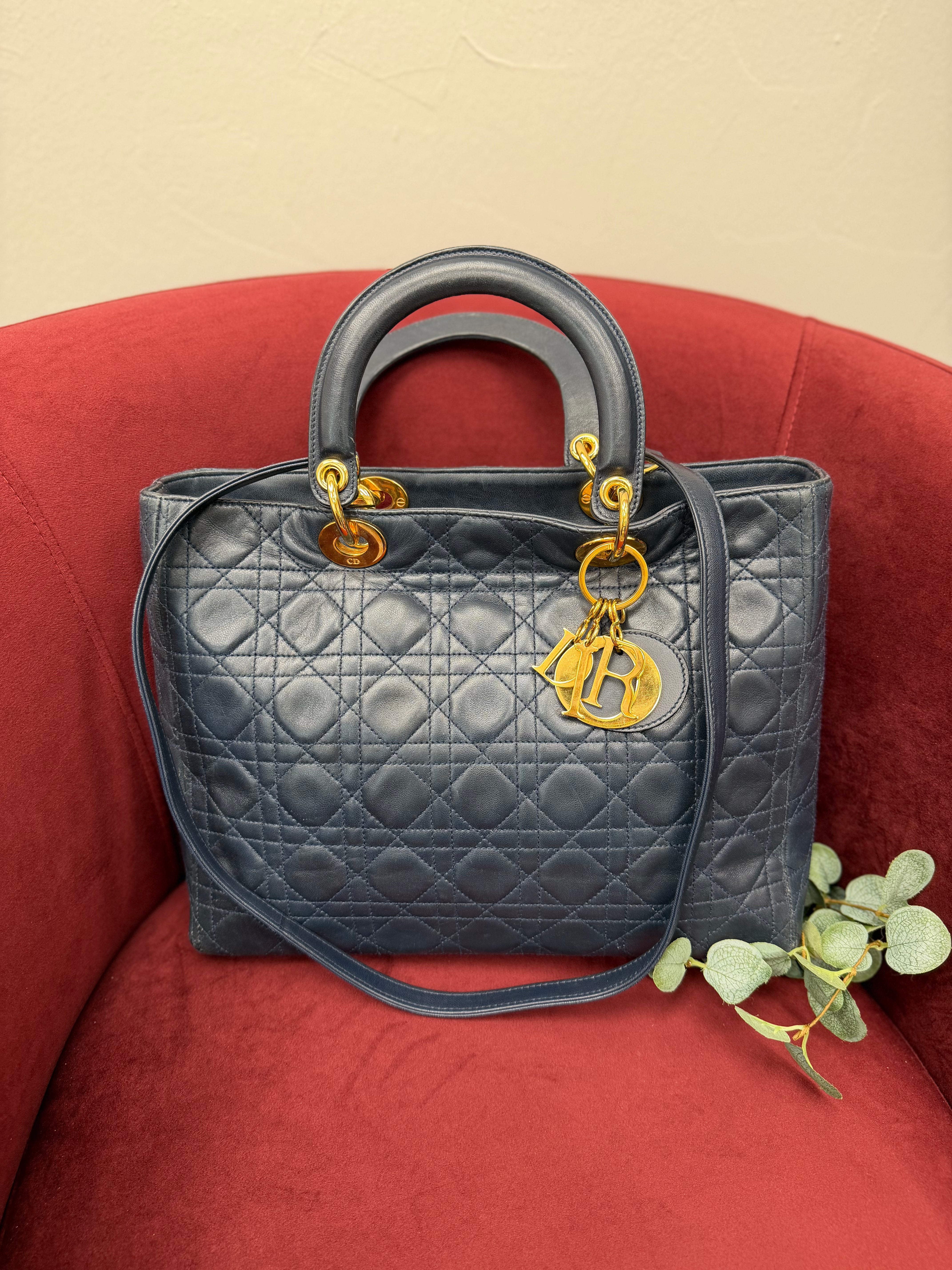 Christian Dior Vintage Navy Blue Cannage Leather Large Lady Dior