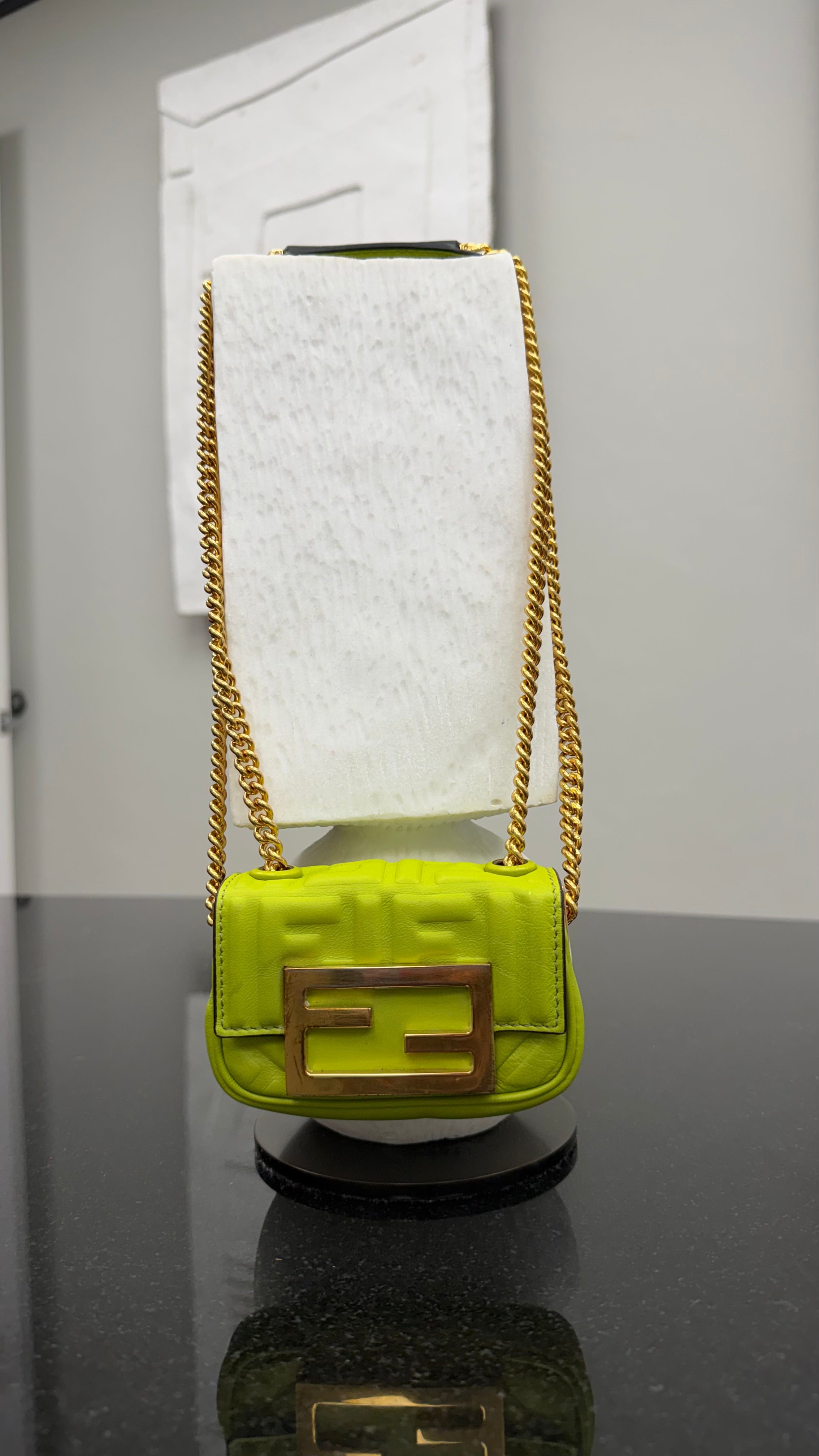 *DONS DROP* Fendi Green Embossed Zucca Nano Baguette Chain Bag