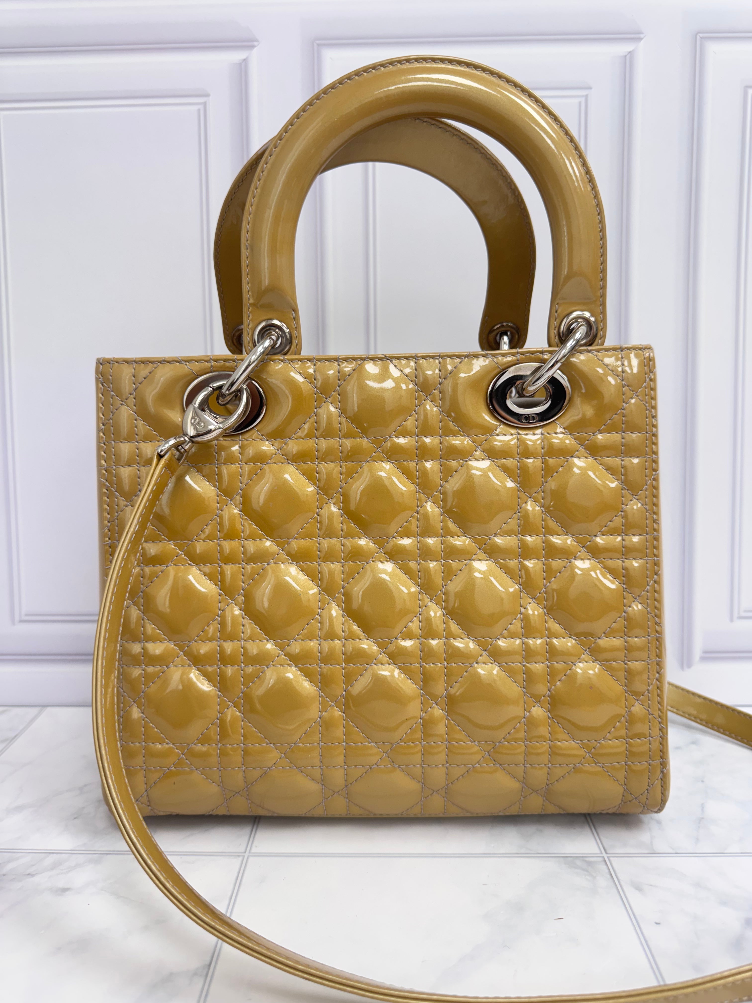Christian Dior Yellow Cannage Patent Leather Medium Lady Dior