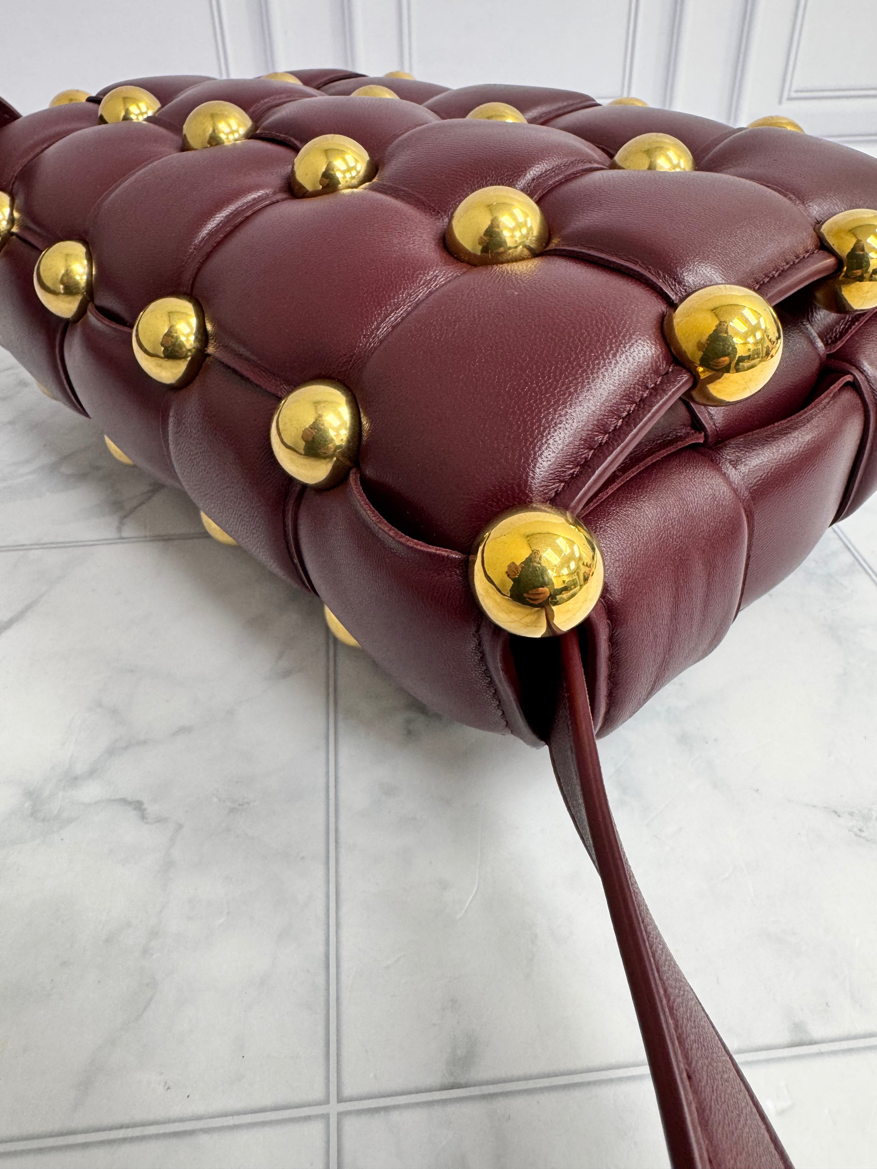 Bottega Veneta Burgundy Padded Maxi Intrecciato Leather Studded Cassette Crossbody Bag