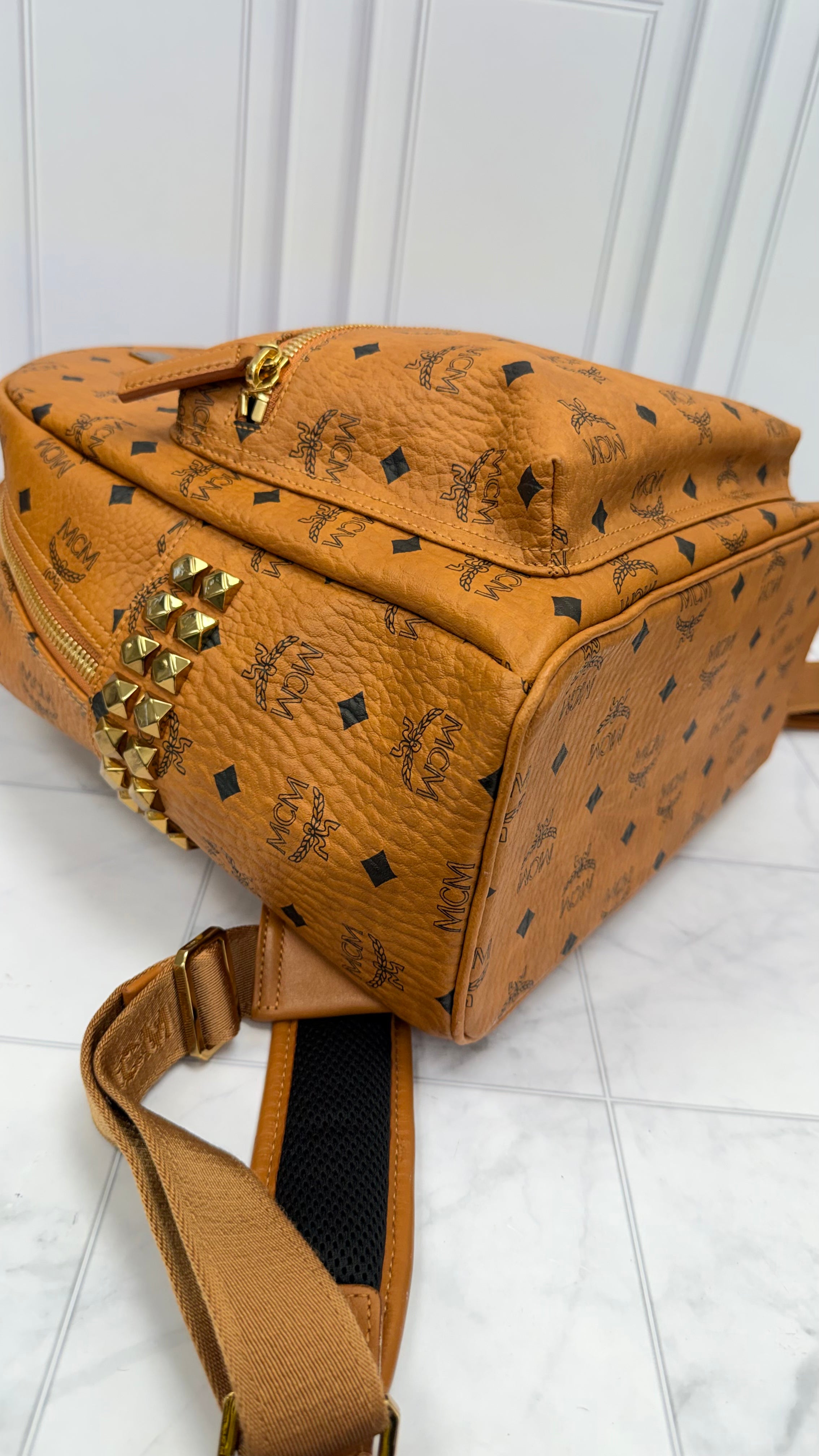 MCM Cognac Visetos Leather Side Studded Large Backpack