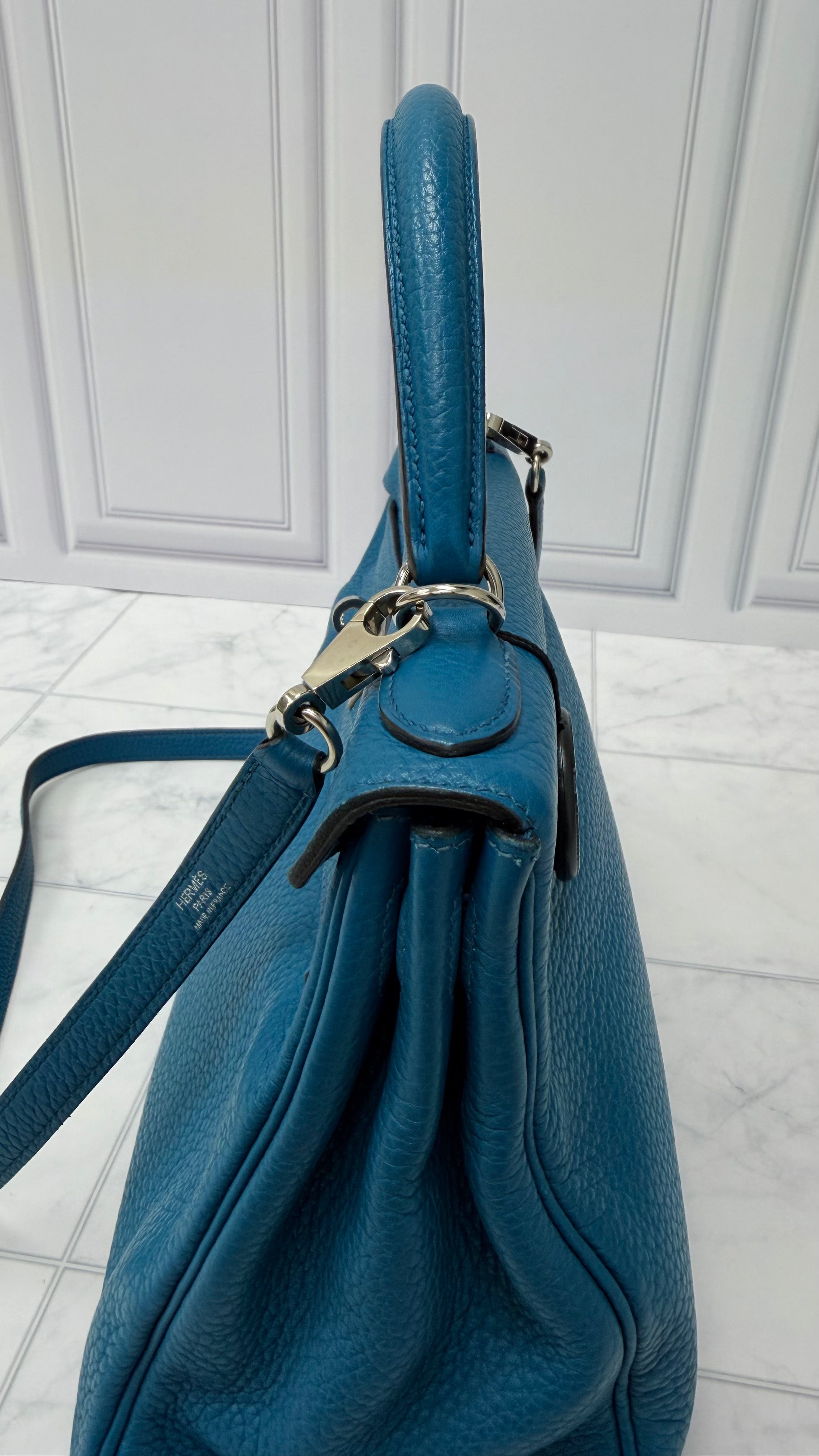 *DONS PRE DROP* Hermes Blue Taurillon Clemence Leather Kelly 28 Handbag