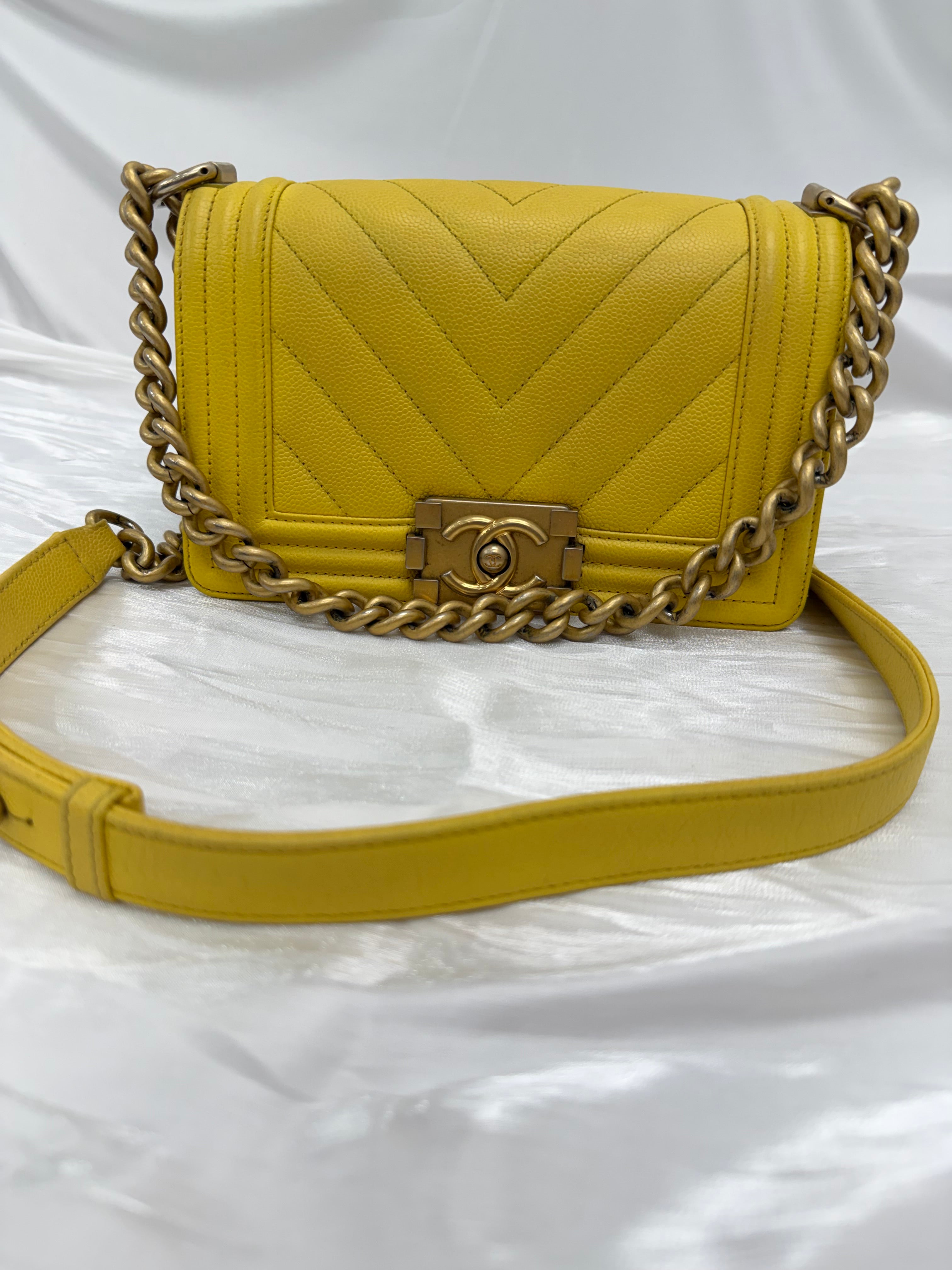 Chanel Yellow Chevron Caviar Leather Small Boy Flap Bag