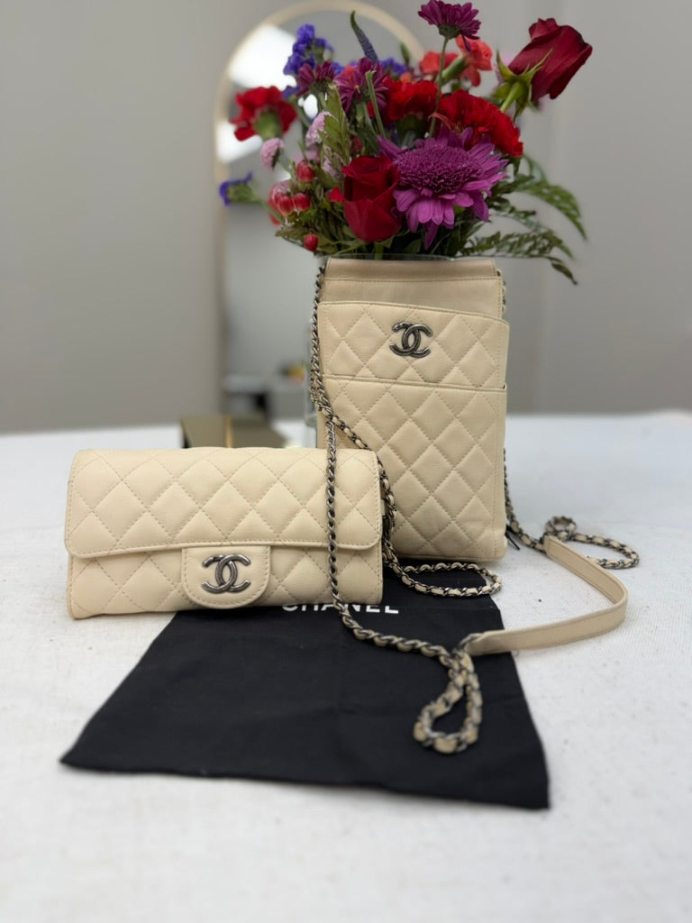 Chanel Ivory Quilted Lambskin CC Waiter Pouch & Wallet on a Chain