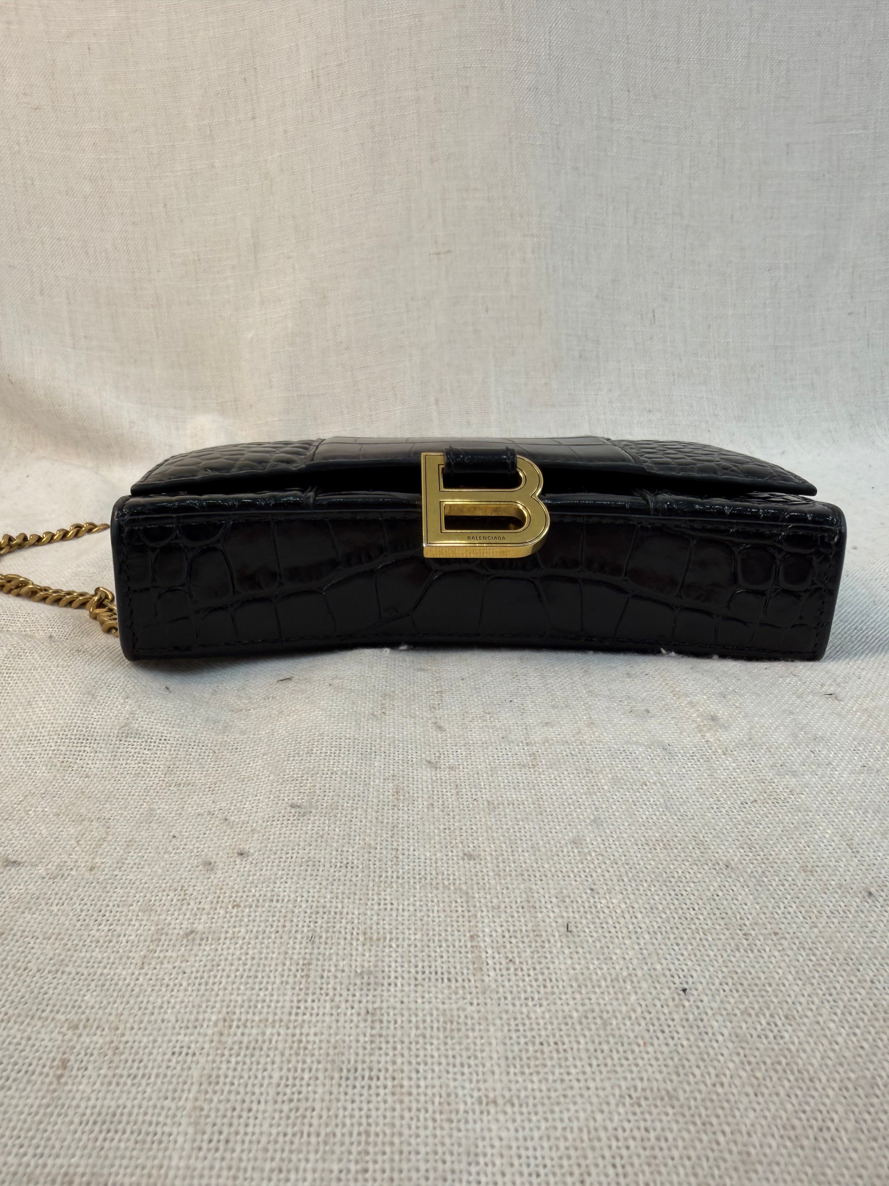 Balenciaga Black Croc Embossed Hourglass Wallet on Chain