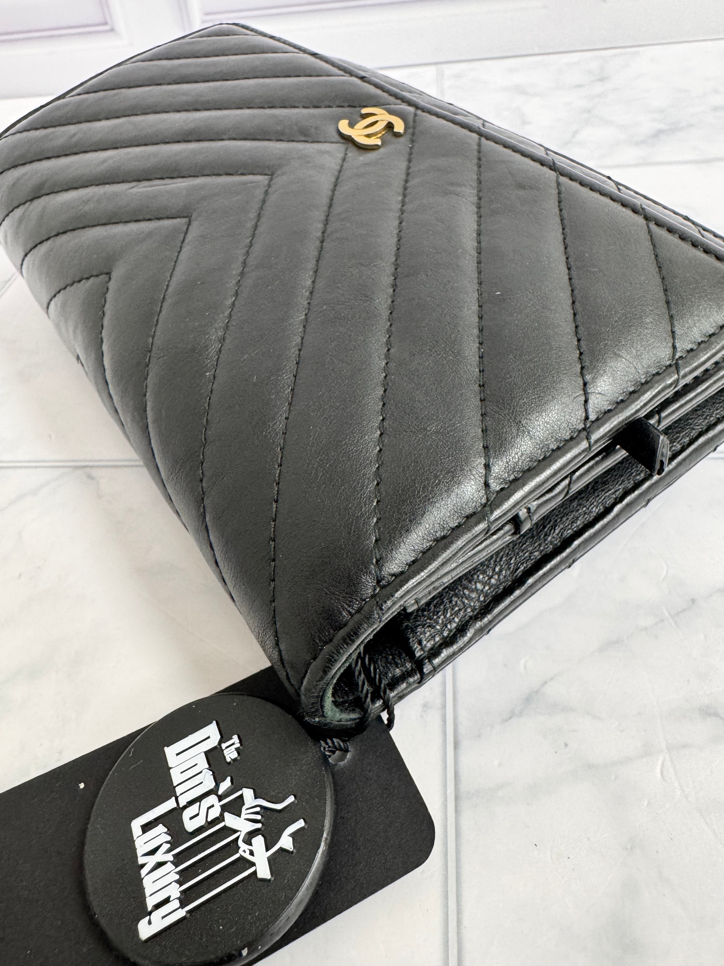 Chanel Black Chevron Quilted Wallet On A Chain