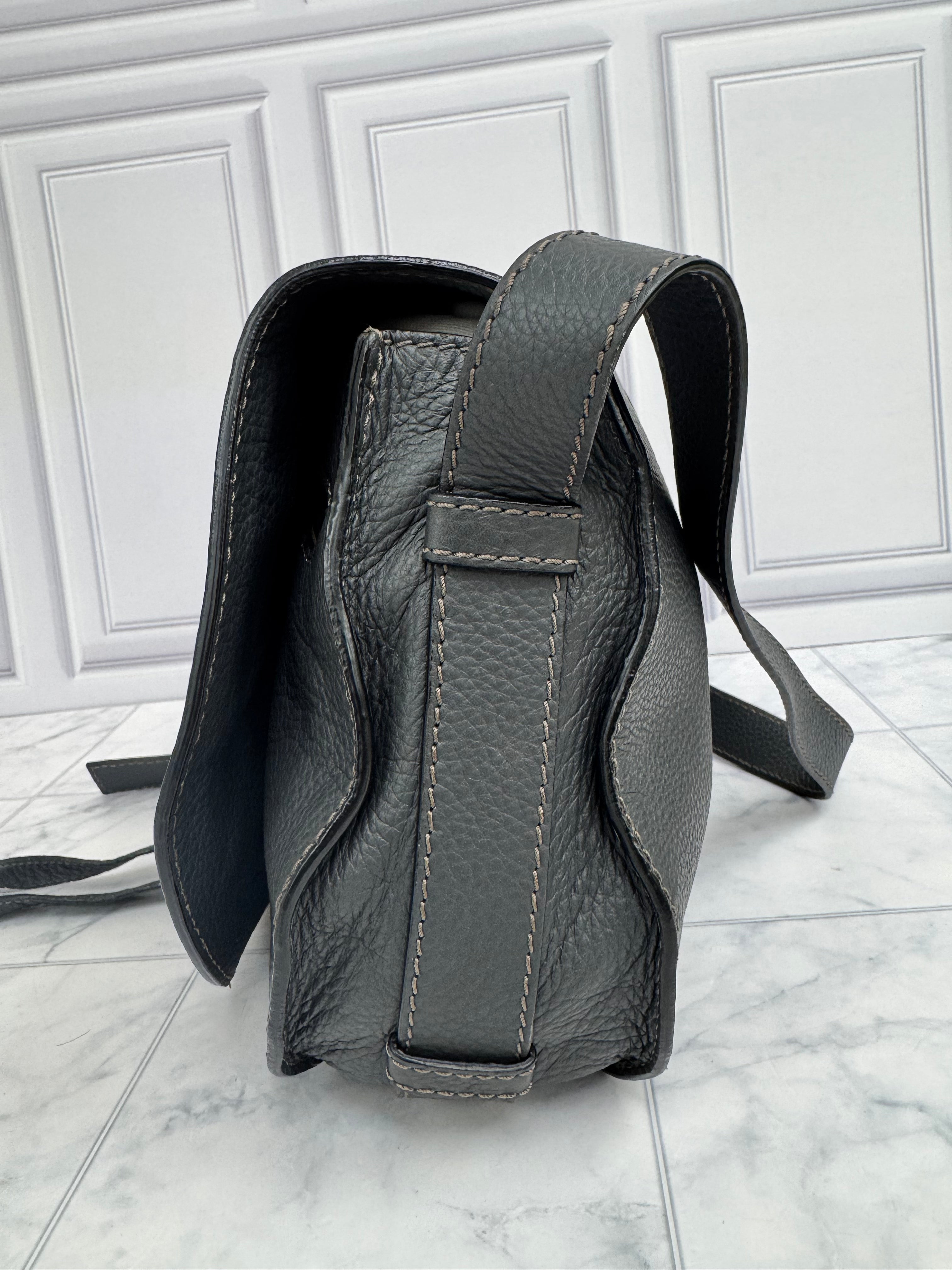 Chloe Dark Grey Grained Leather Medium Marcie Crossbody Bag