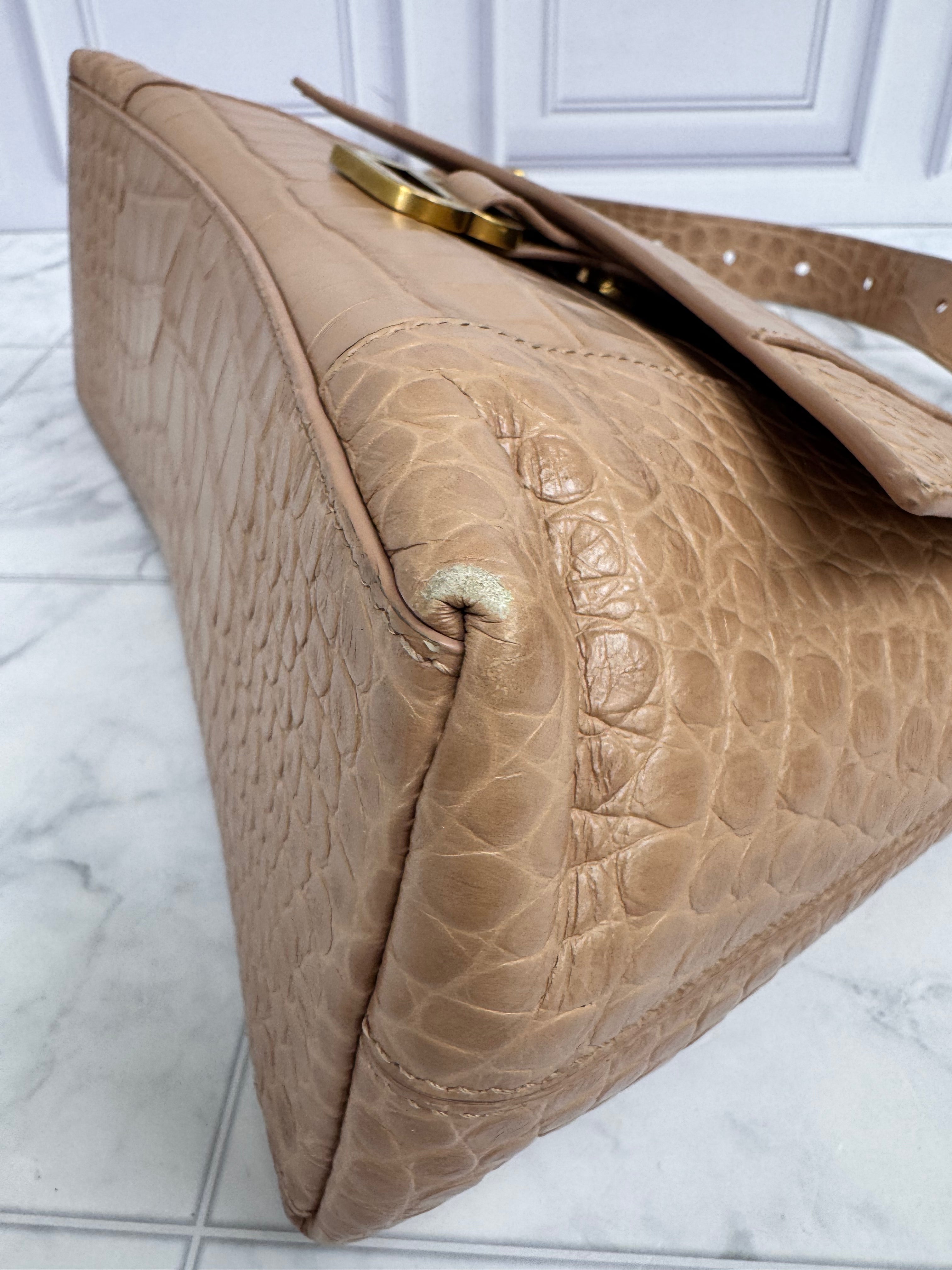 Balenciaga Beige Croc Embossed Downtown Shoulder Bag