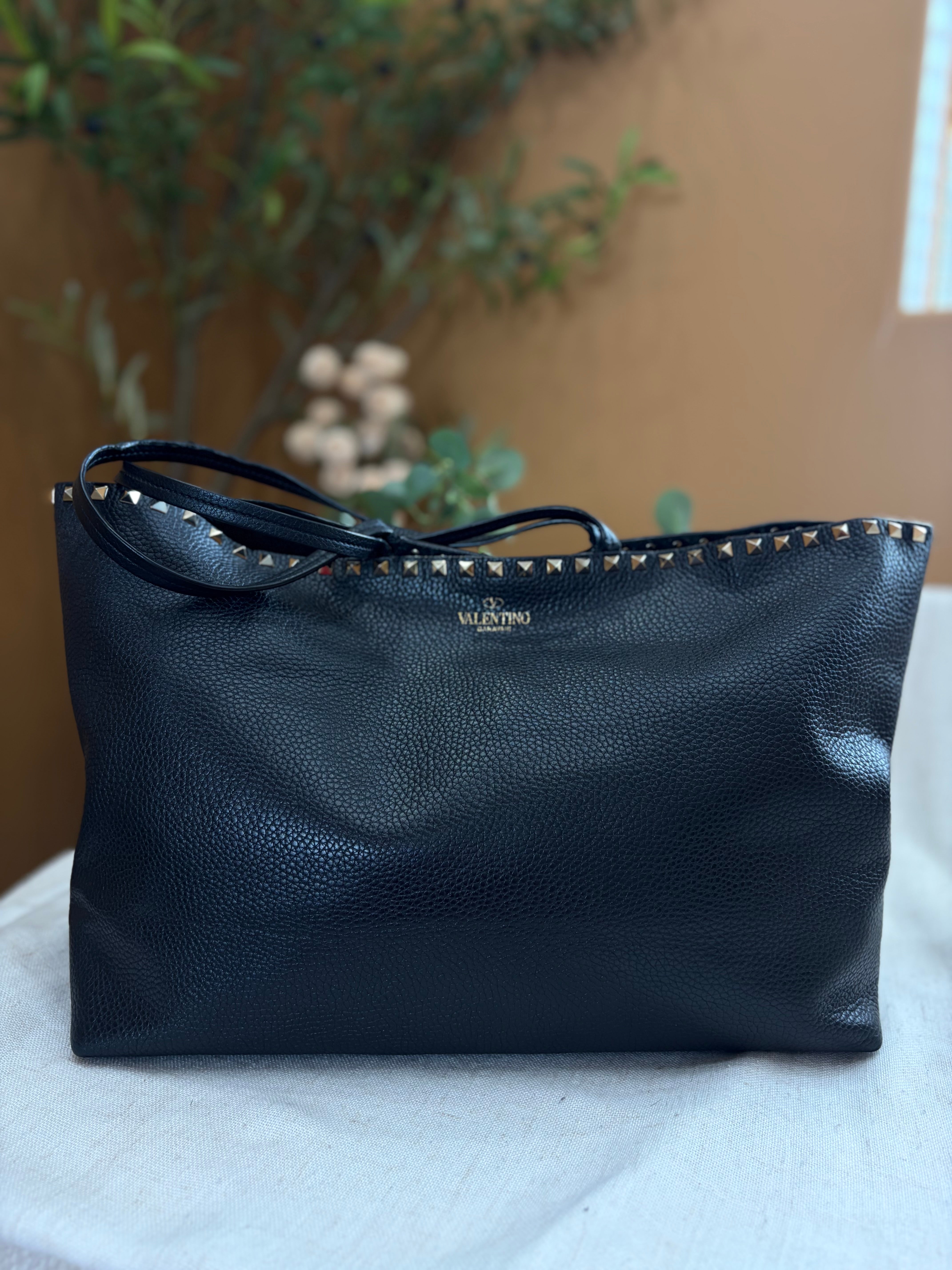Valentino Black Leather Rockstud Tote Bag