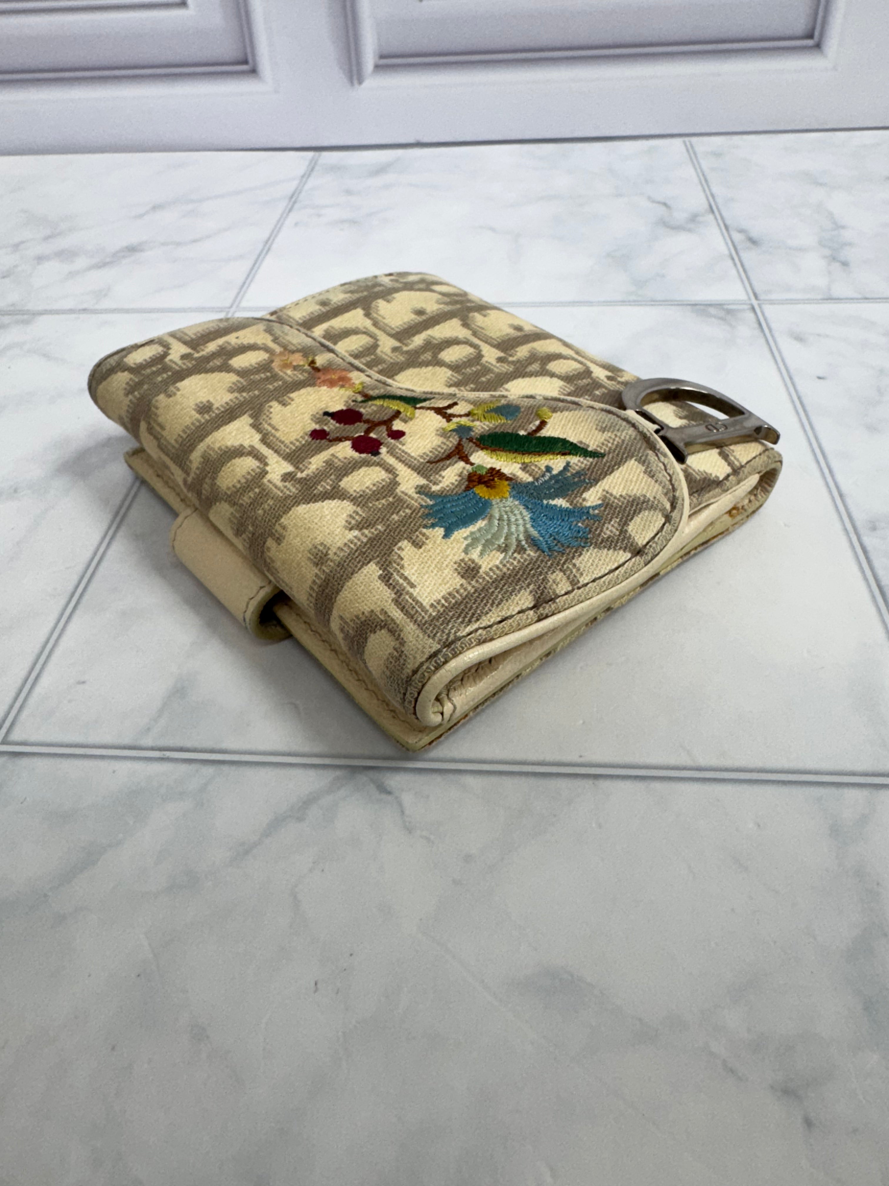 Christian Dior Beige Canvas Floral Embroidered Saddle Compact Wallet
