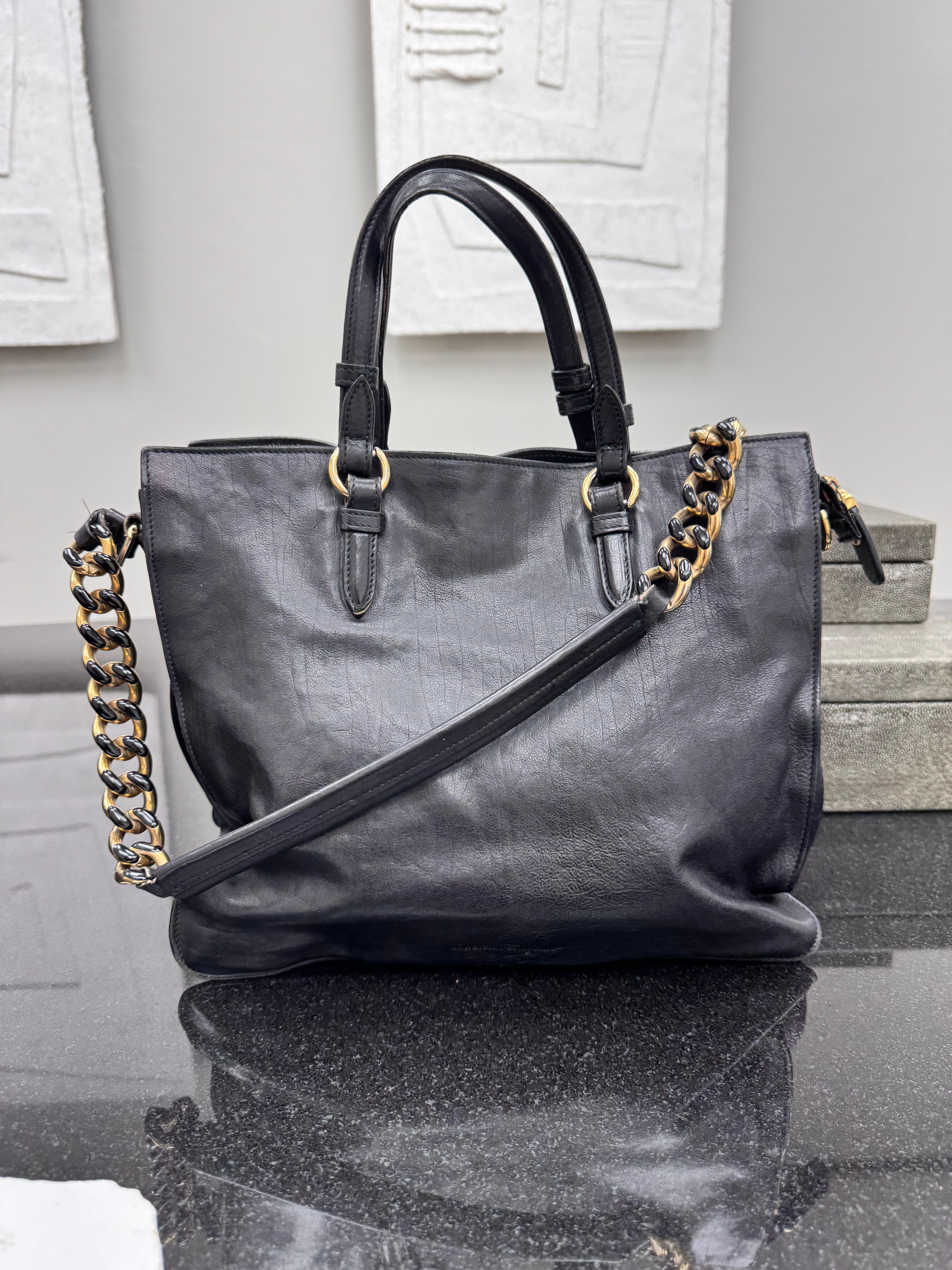 Salvatore Ferragamo Black Leather Chain Tote Bag