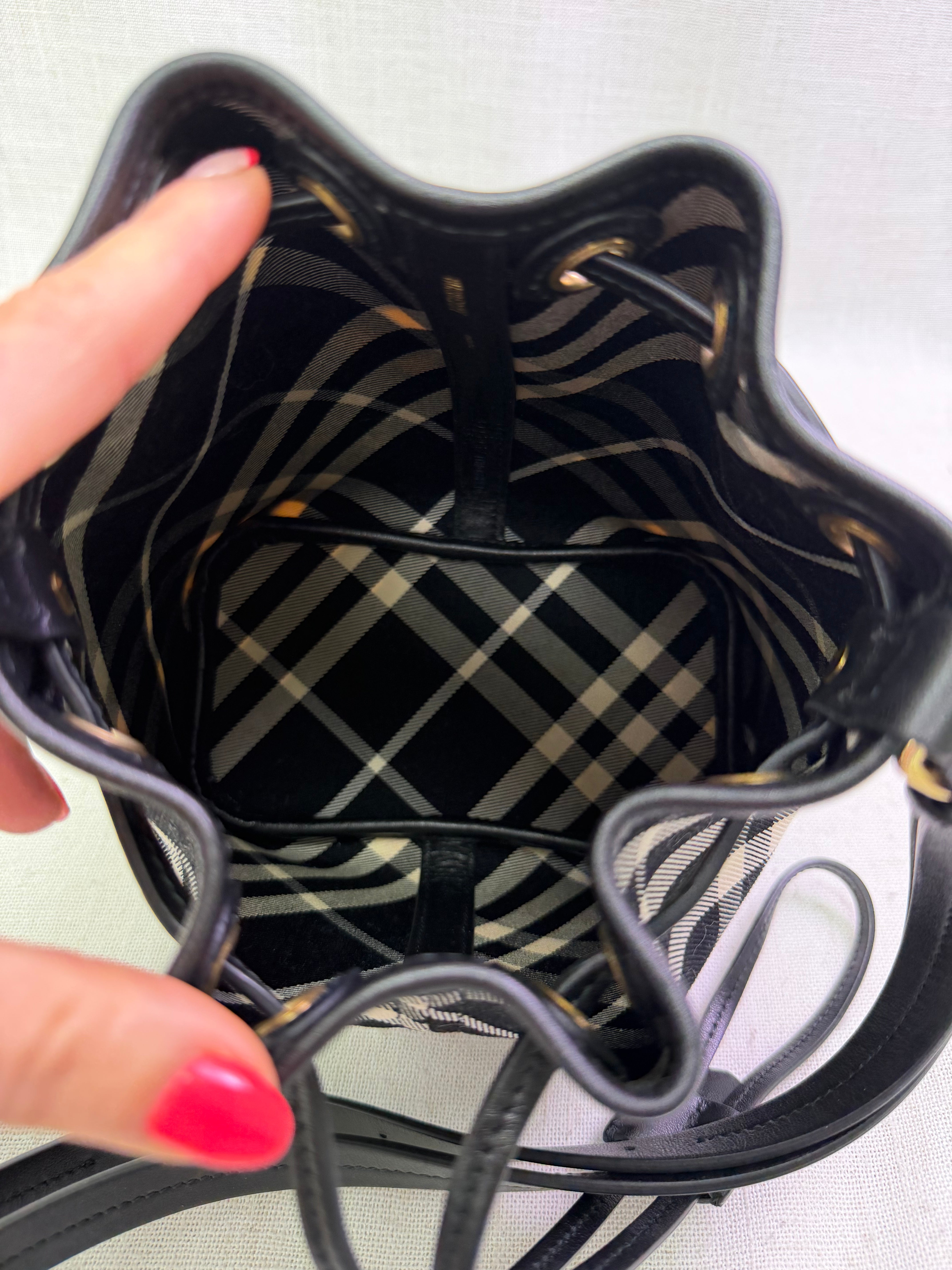 LIKE NEW Burberry Black & White Check Canvas Bucket Bag