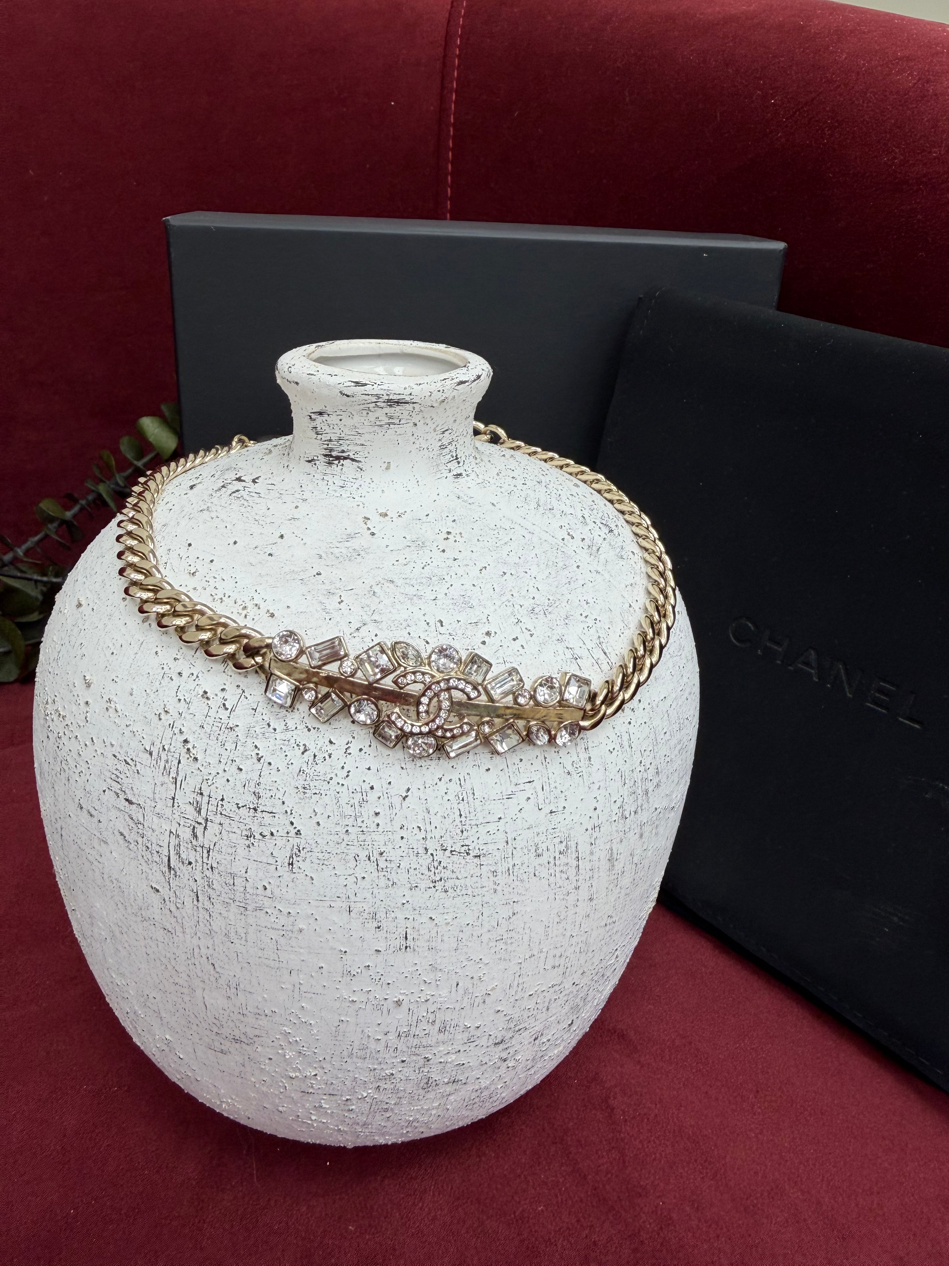 Chanel Gold Tone Chain Link CC Crystal Choker Necklace