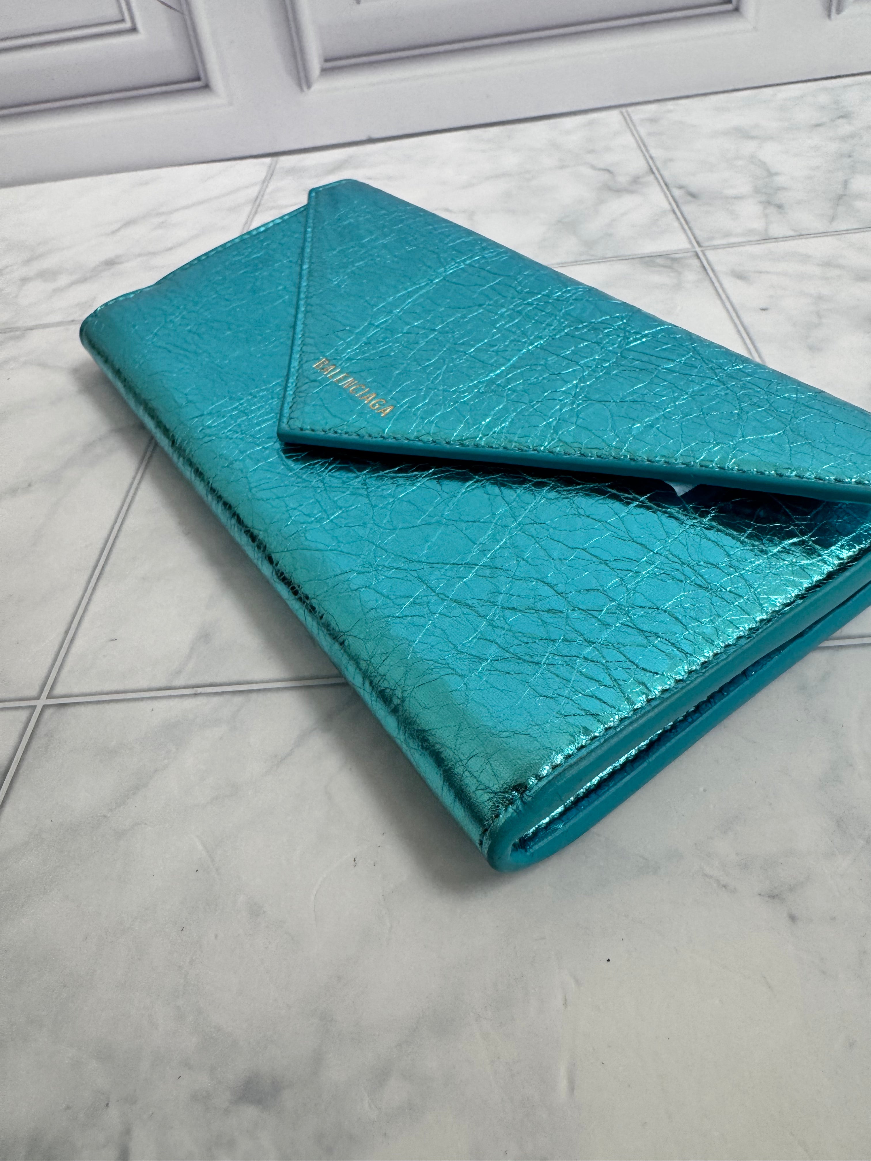 Balenciaga Metallic Turquoise Grained Leather Papier Long Wallet