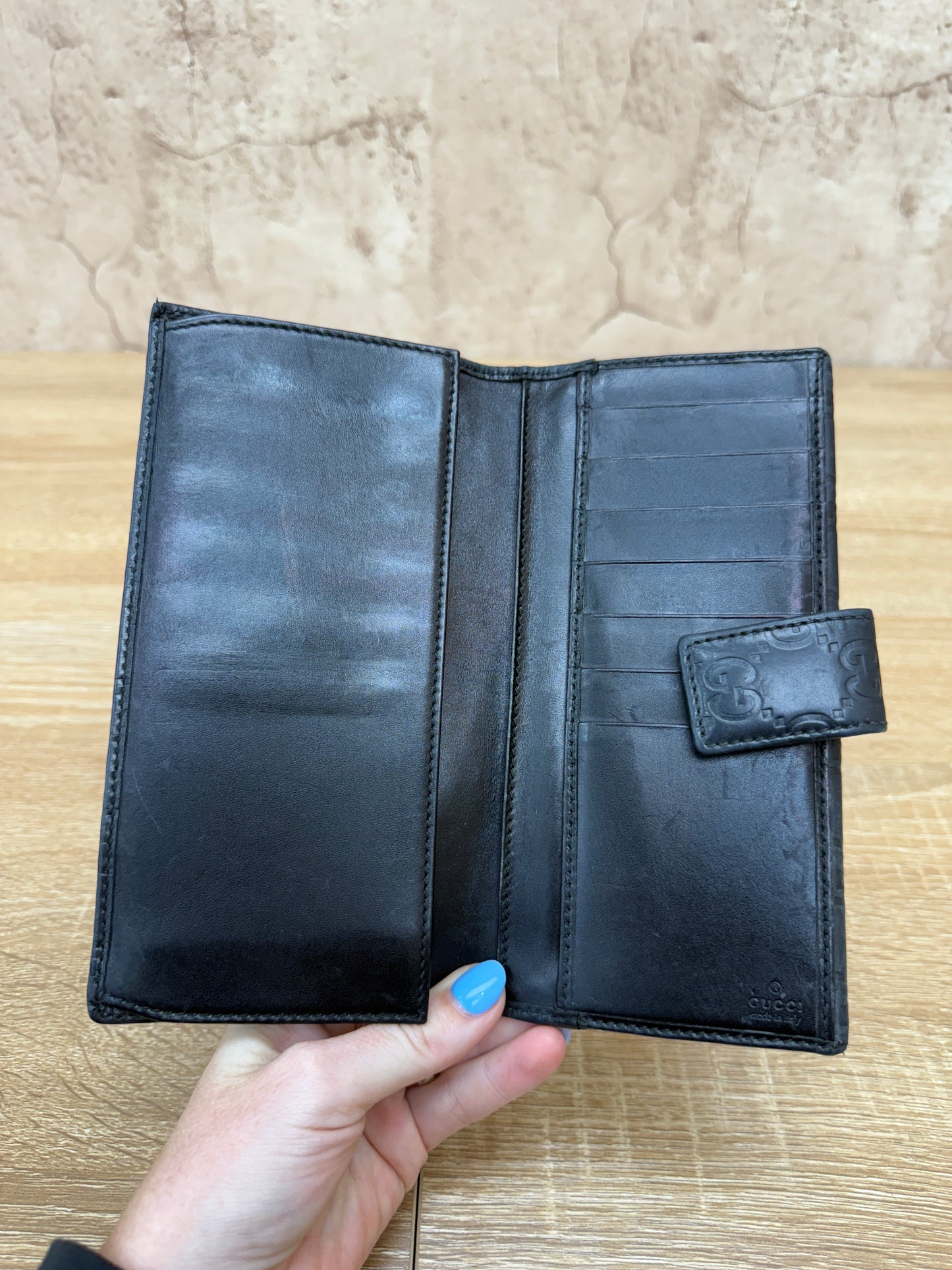 Gucci Black Leather Guccissima Bar Long Wallet