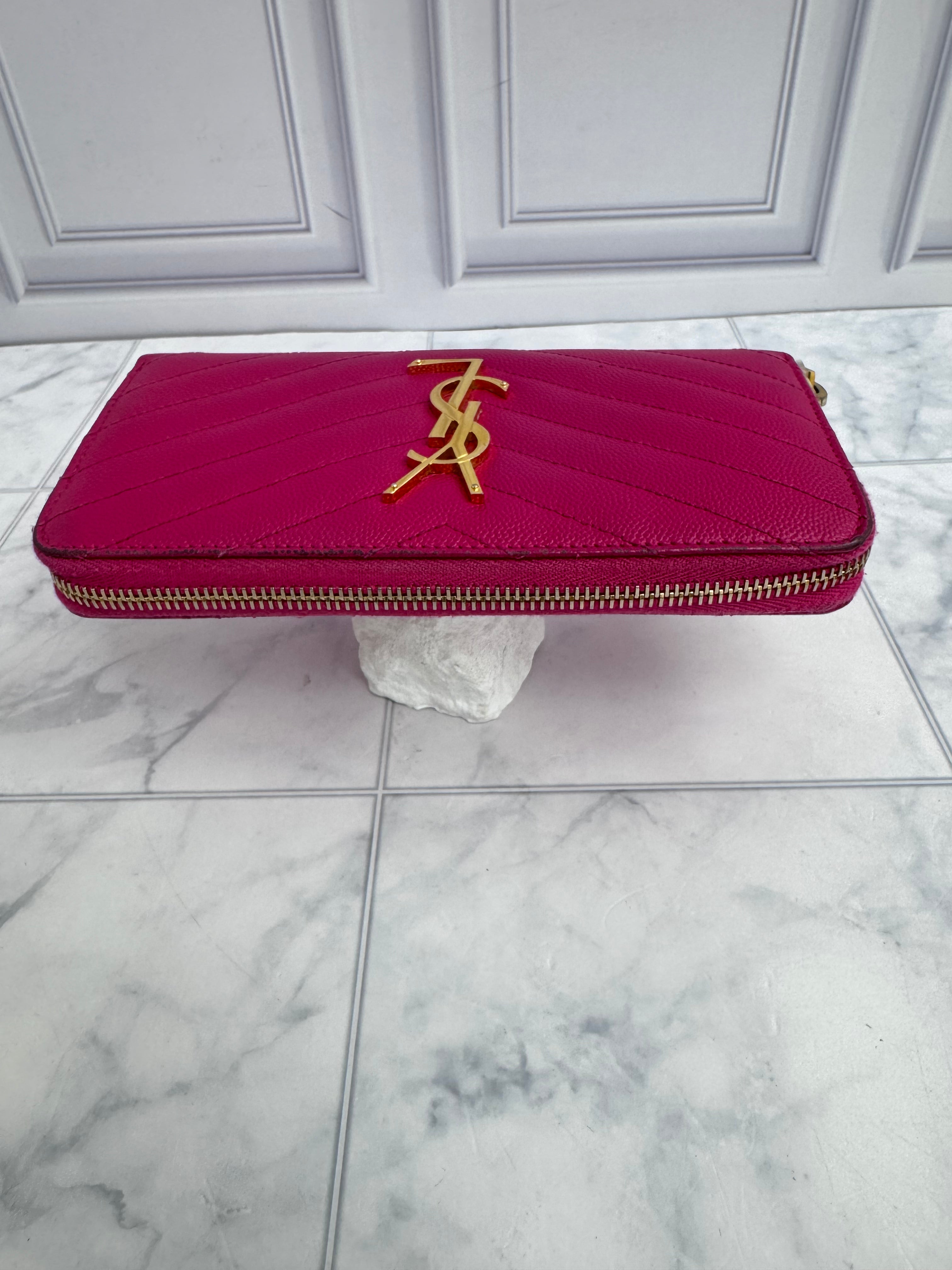 Saint Laurent YSL Pink Quilted Caviar Leather Zippy Wallet