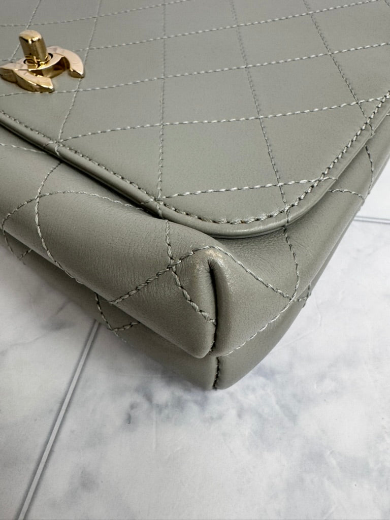 Chanel Grey Diamond Quilted CC Double Pocket Top Handle Bag
