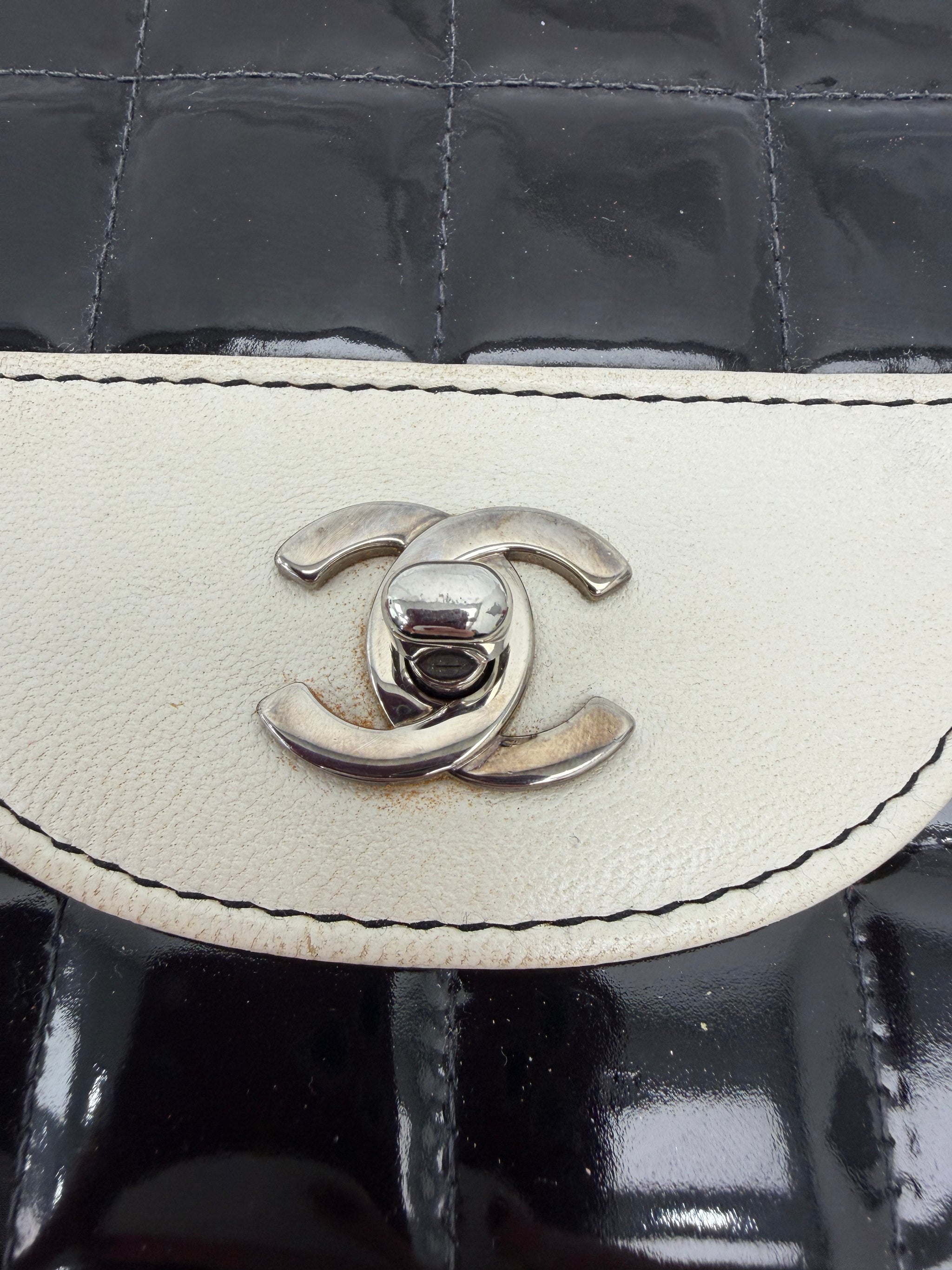 Chanel White & Black Patent Leather Chocolate Bar Square Bag