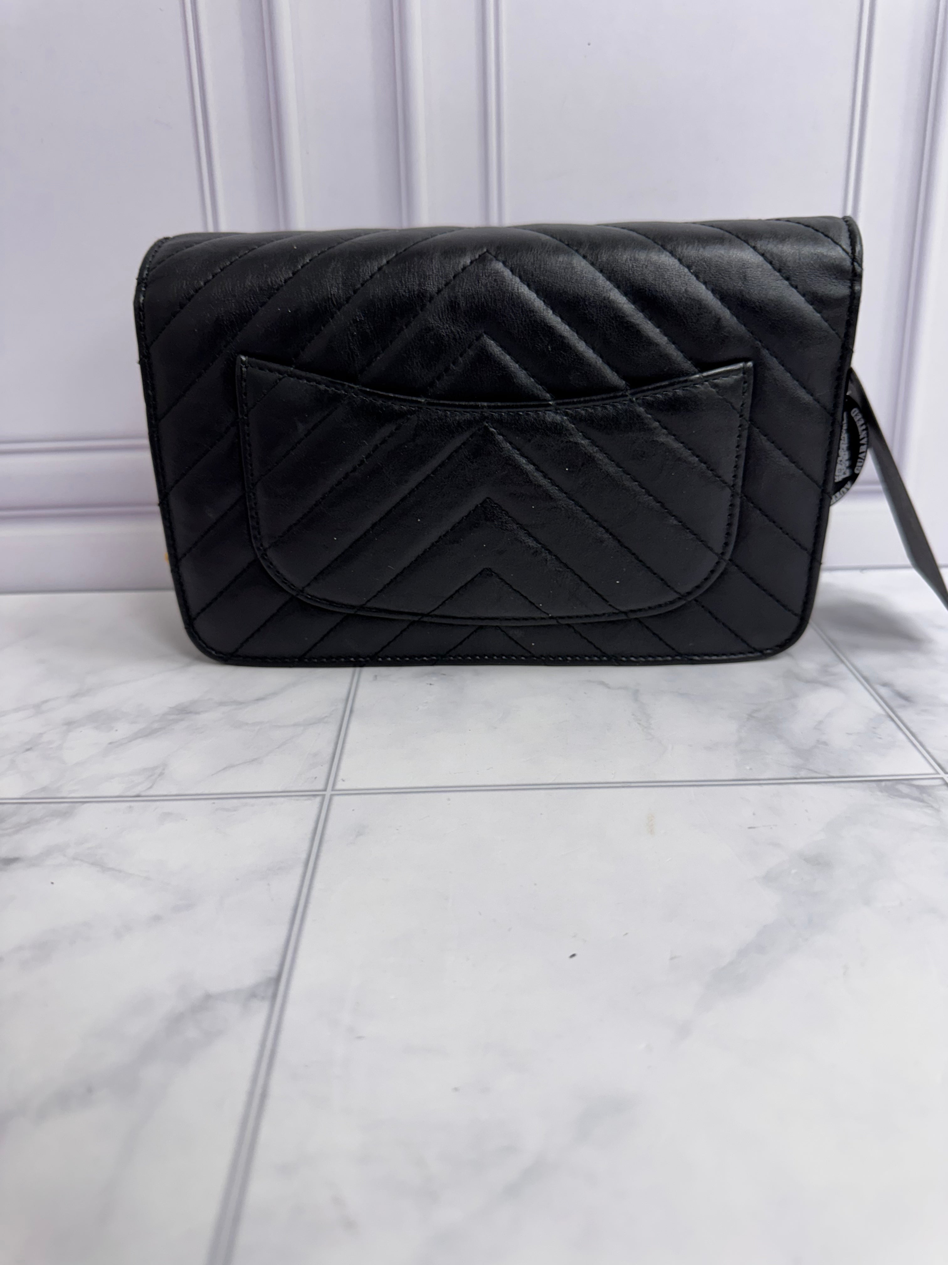 Chanel Black Chevron Quilted Wallet On A Chain