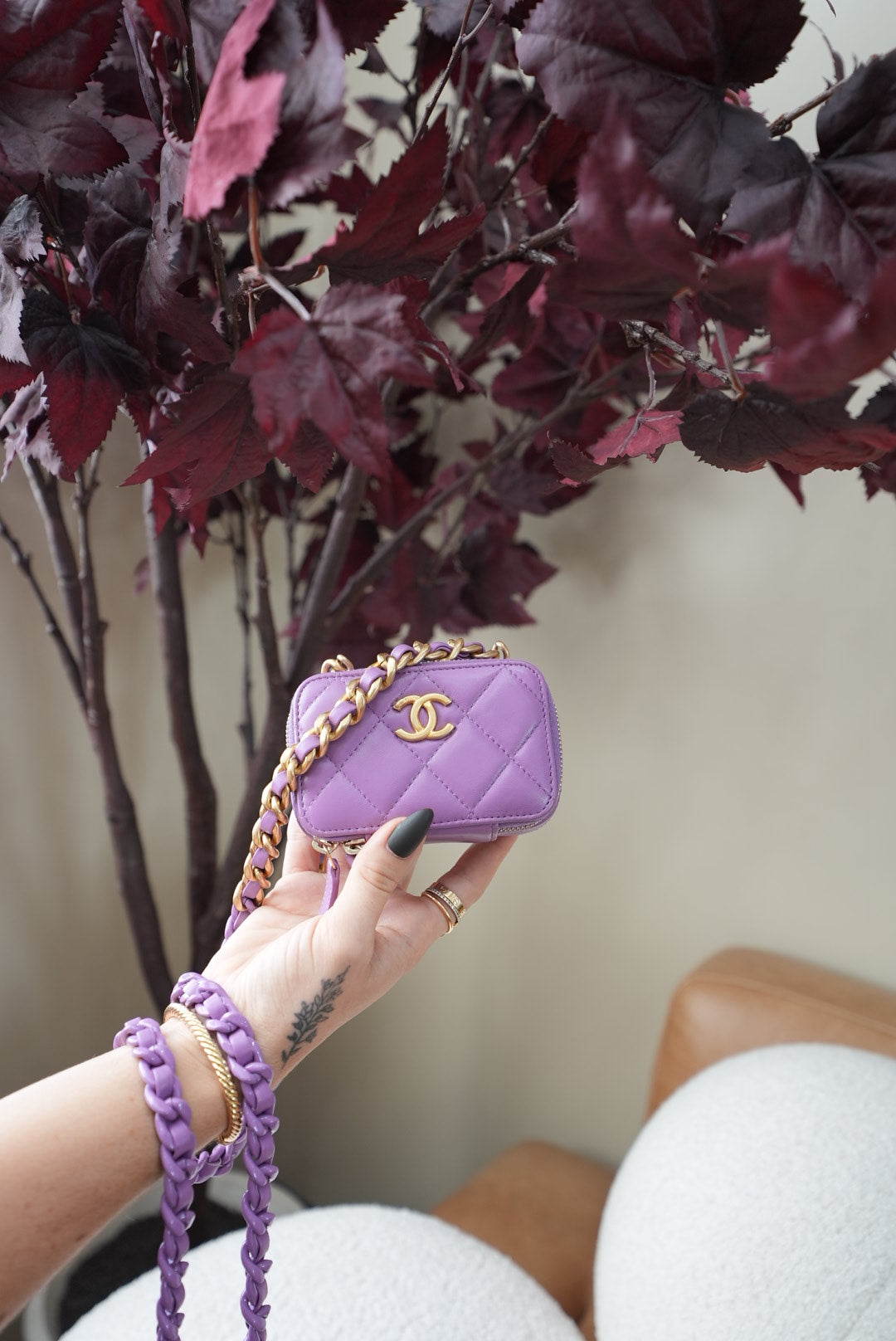 Like New- Chanel Purple Quilted Lambskin Mini CC Zip Around Card Holder on a Chain