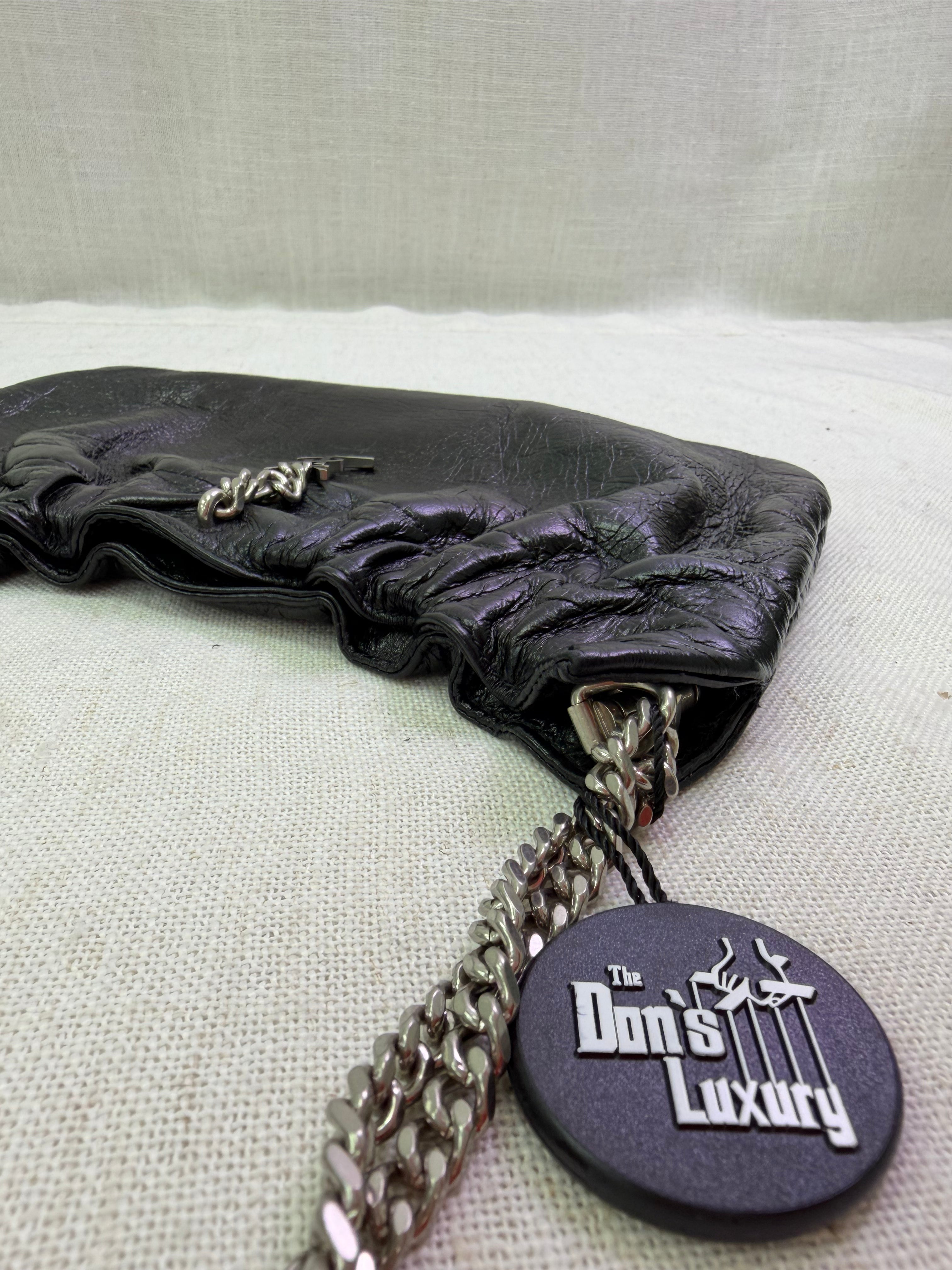 Saint Laurent YSL Black Crinkled Leather Pac Pac Ruched Hobo Bag