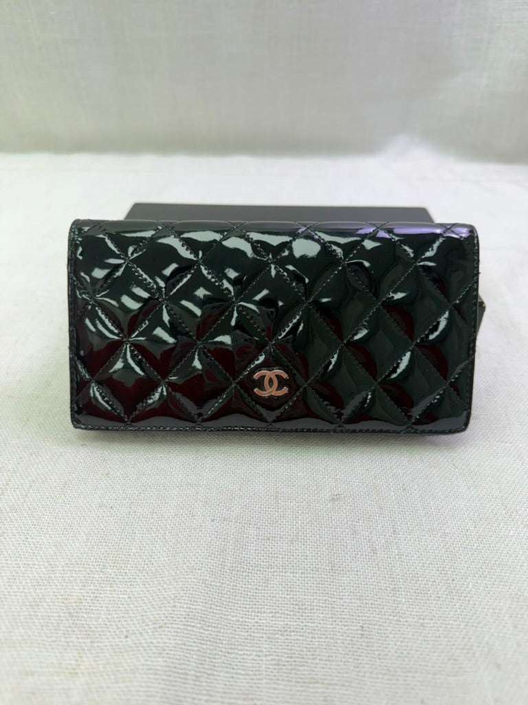 Chanel Black Quilted Patent Leather Long Wallet