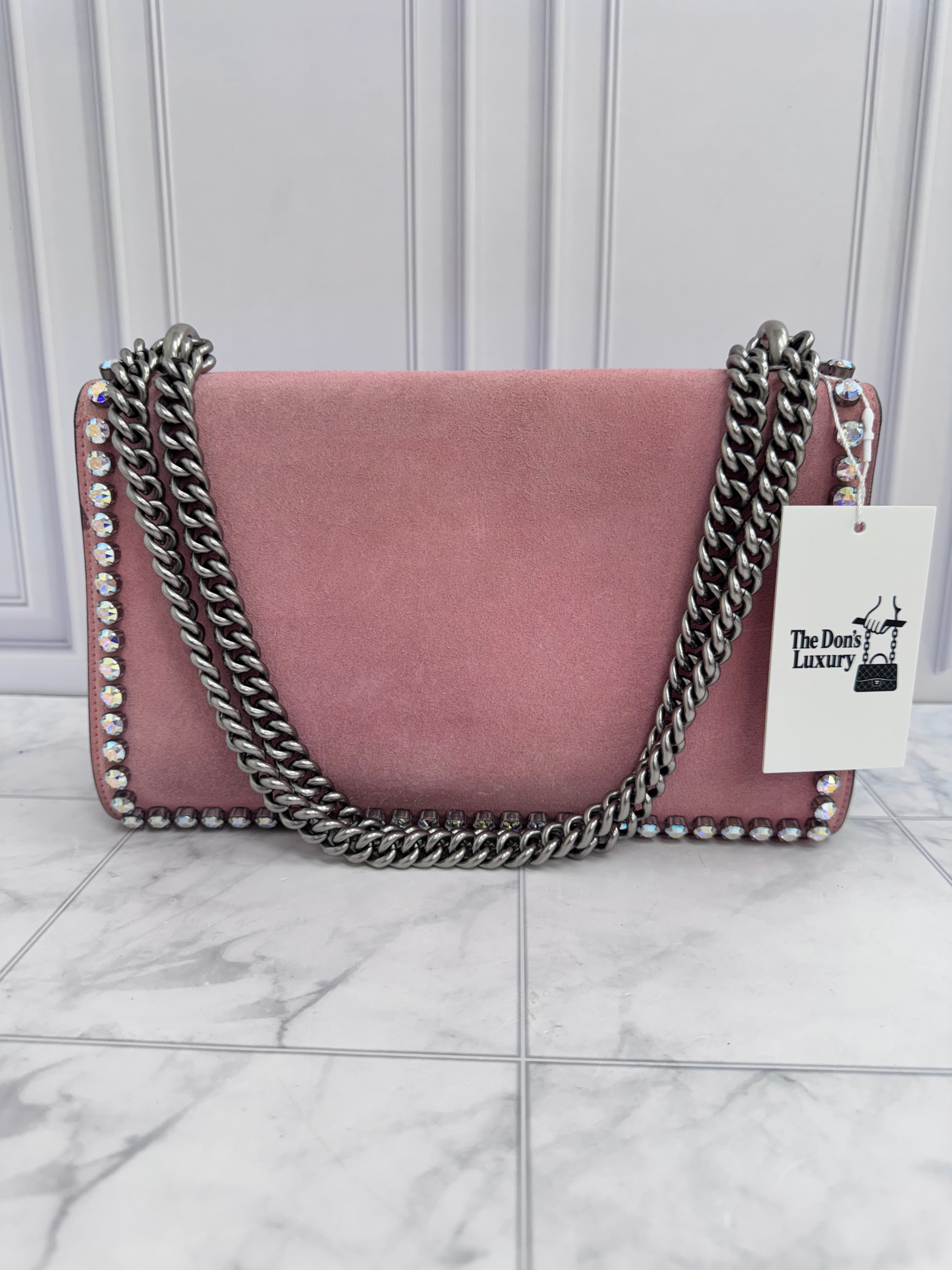 Gucci Pink Suede Crystal Dionysus Small Chain Shoulder Bag