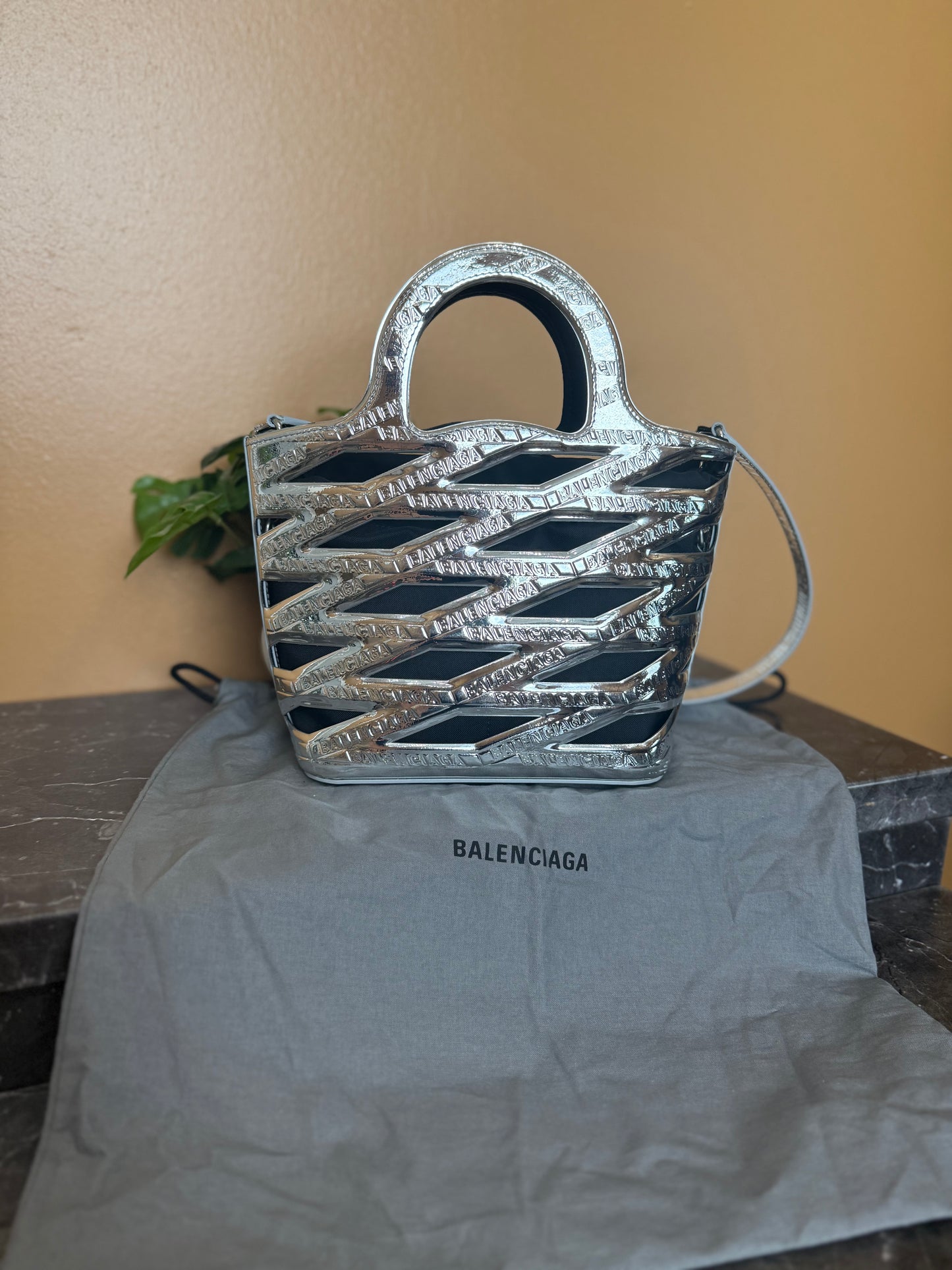 Balenciaga Metallic Silver Patent Leather Neo Basket Tote