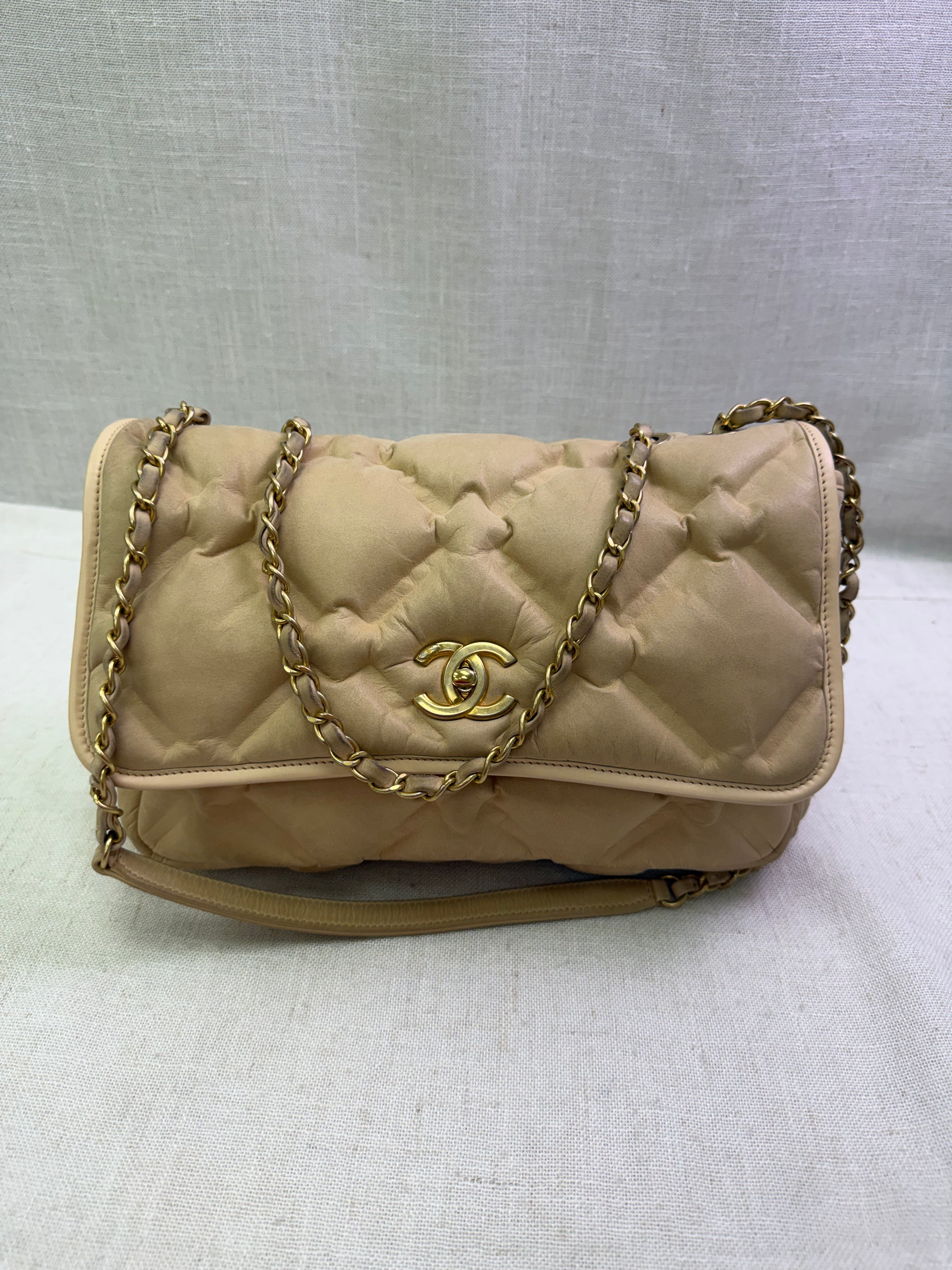 Chanel Beige Iridescent Calfskin Quilted Medium Chesterfield Flap Bag