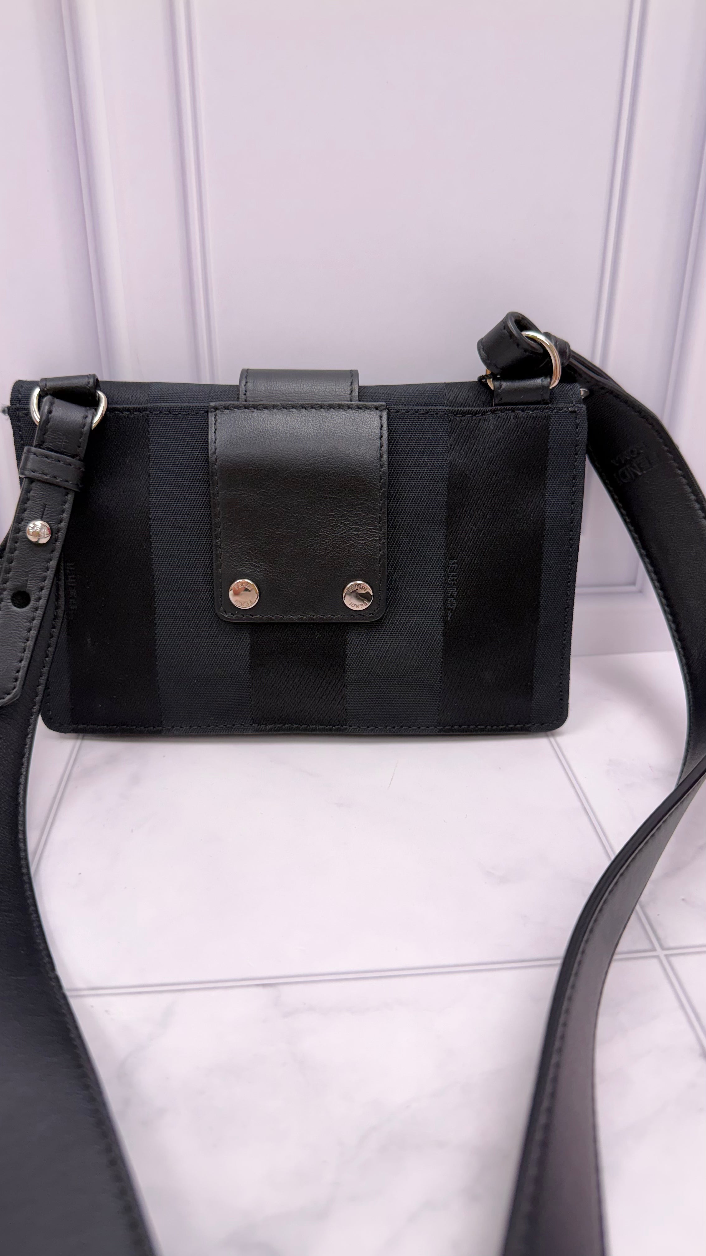 Fendi Black Striped Canvas Convertible Baguette Crossbody Pouch