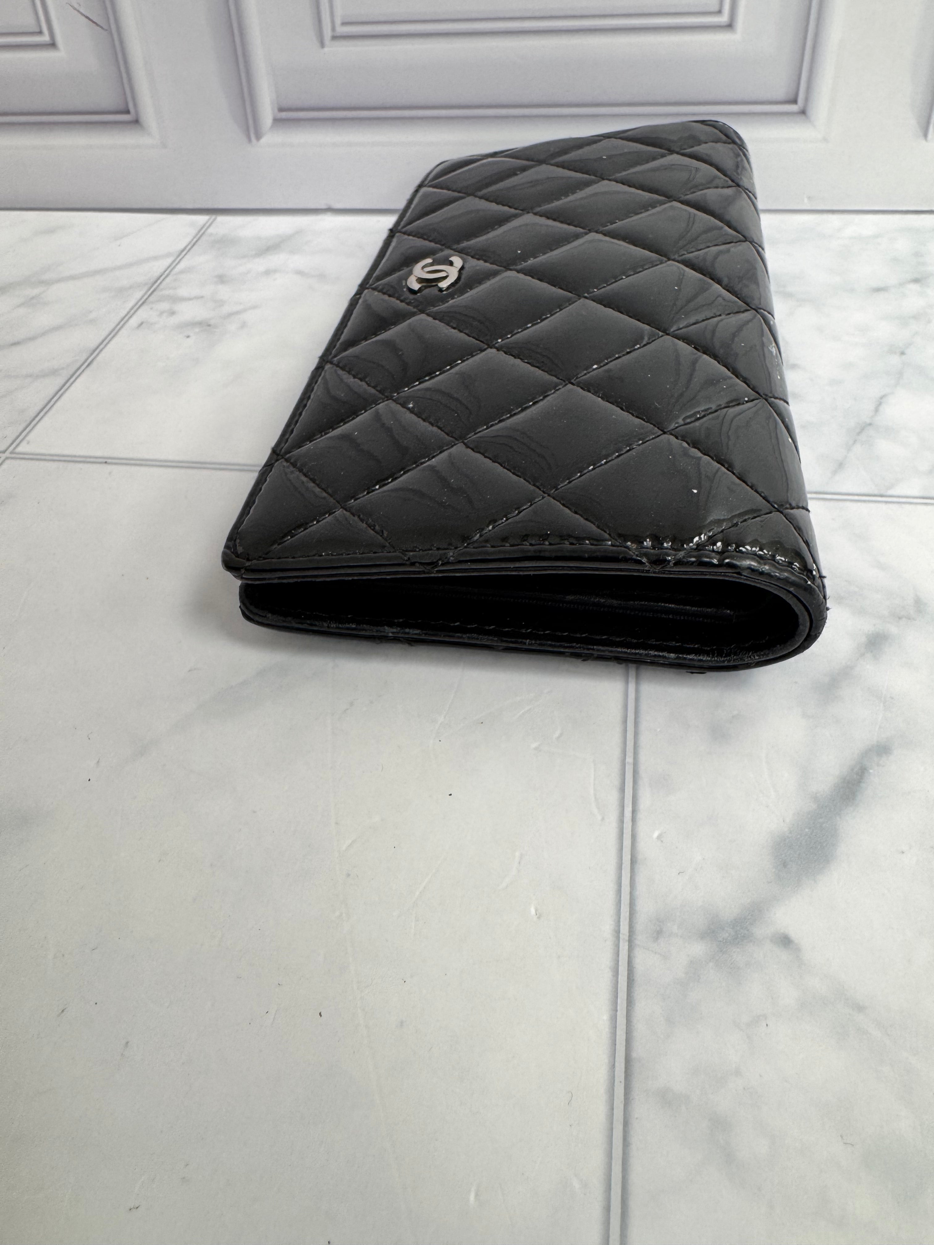 Chanel Black Quilted Patent Leather Long Wallet
