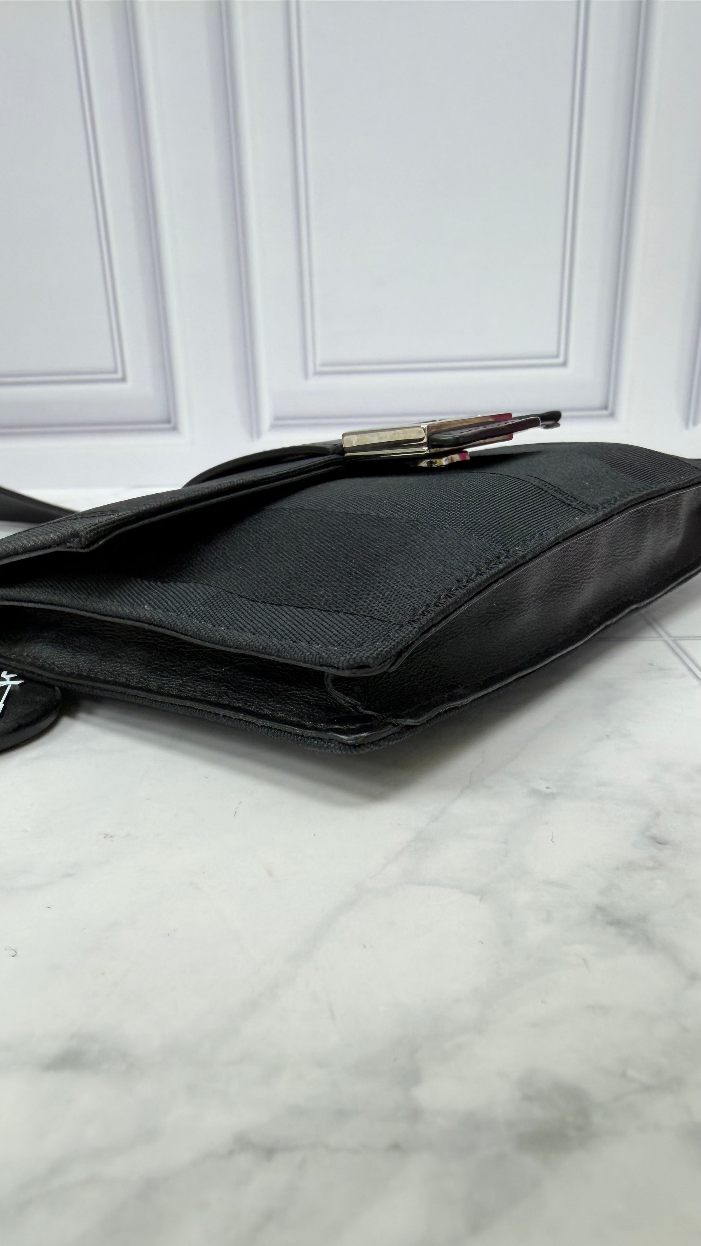 Fendi Black Striped Canvas Convertible Baguette Crossbody Pouch