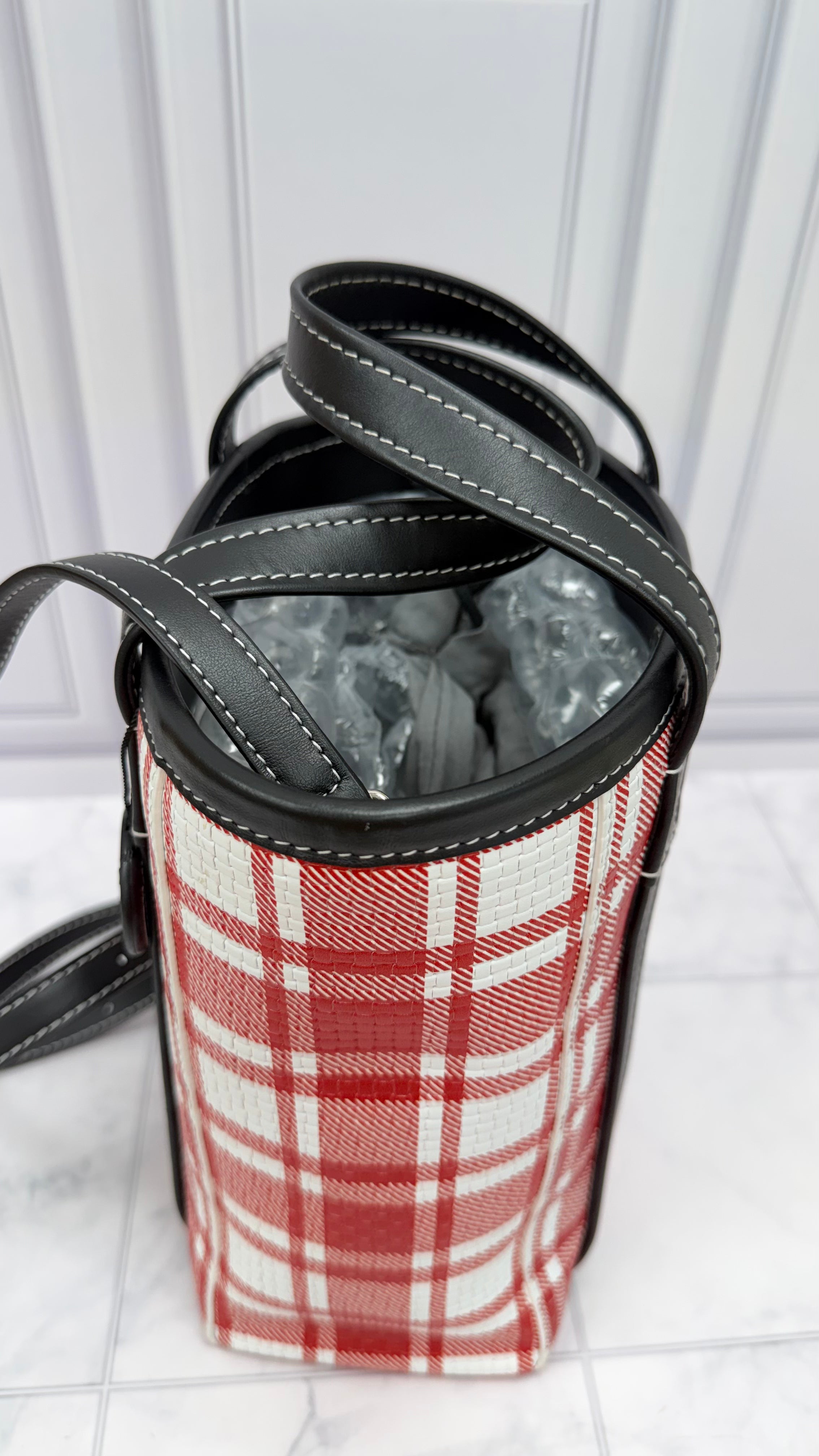 LIKE NEW- Balenciaga Red & White Plaid Leather Small Shopper Tote