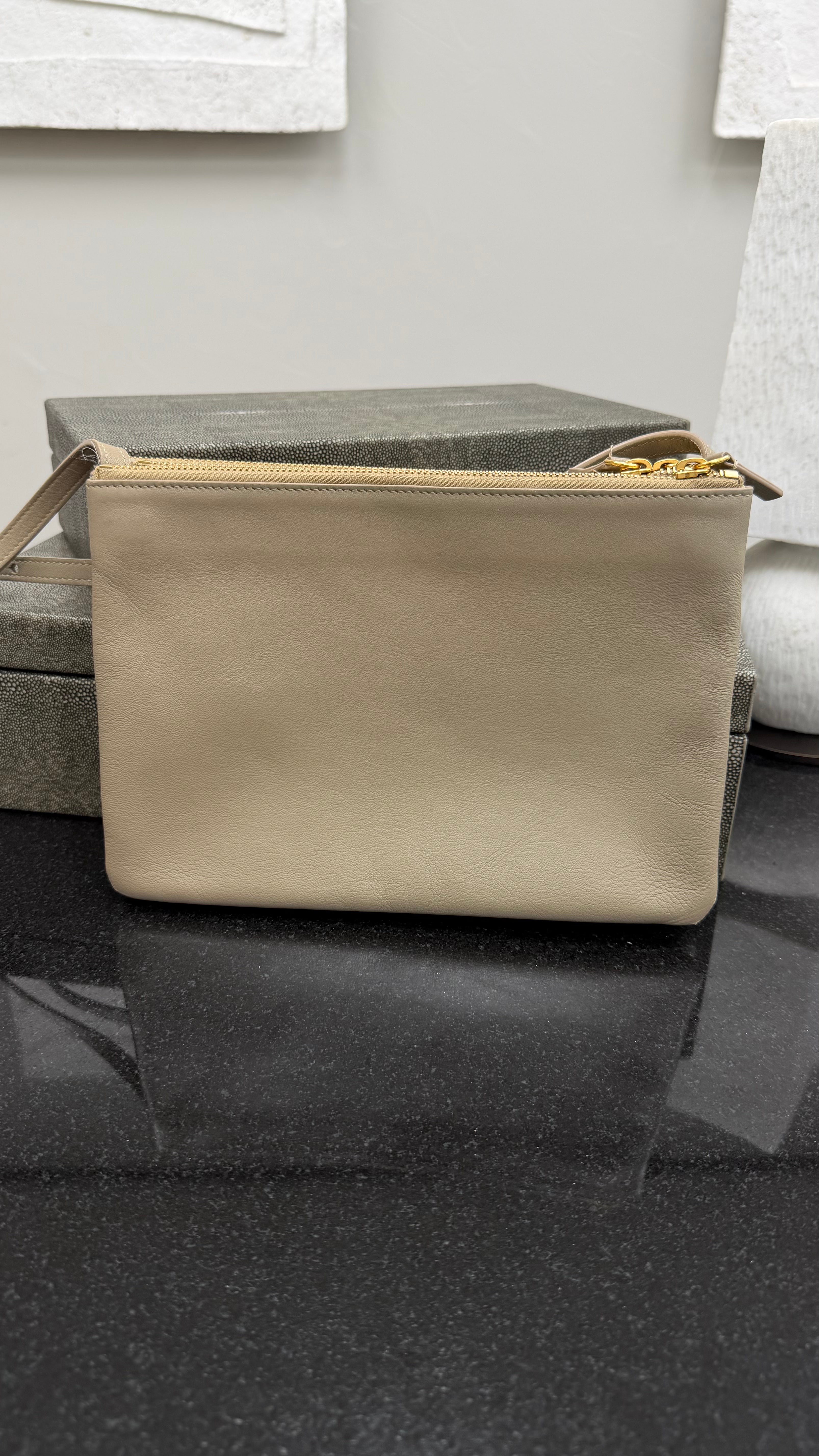 Celine Beige Lambskin Small Trio Zip Pouch Crossbody