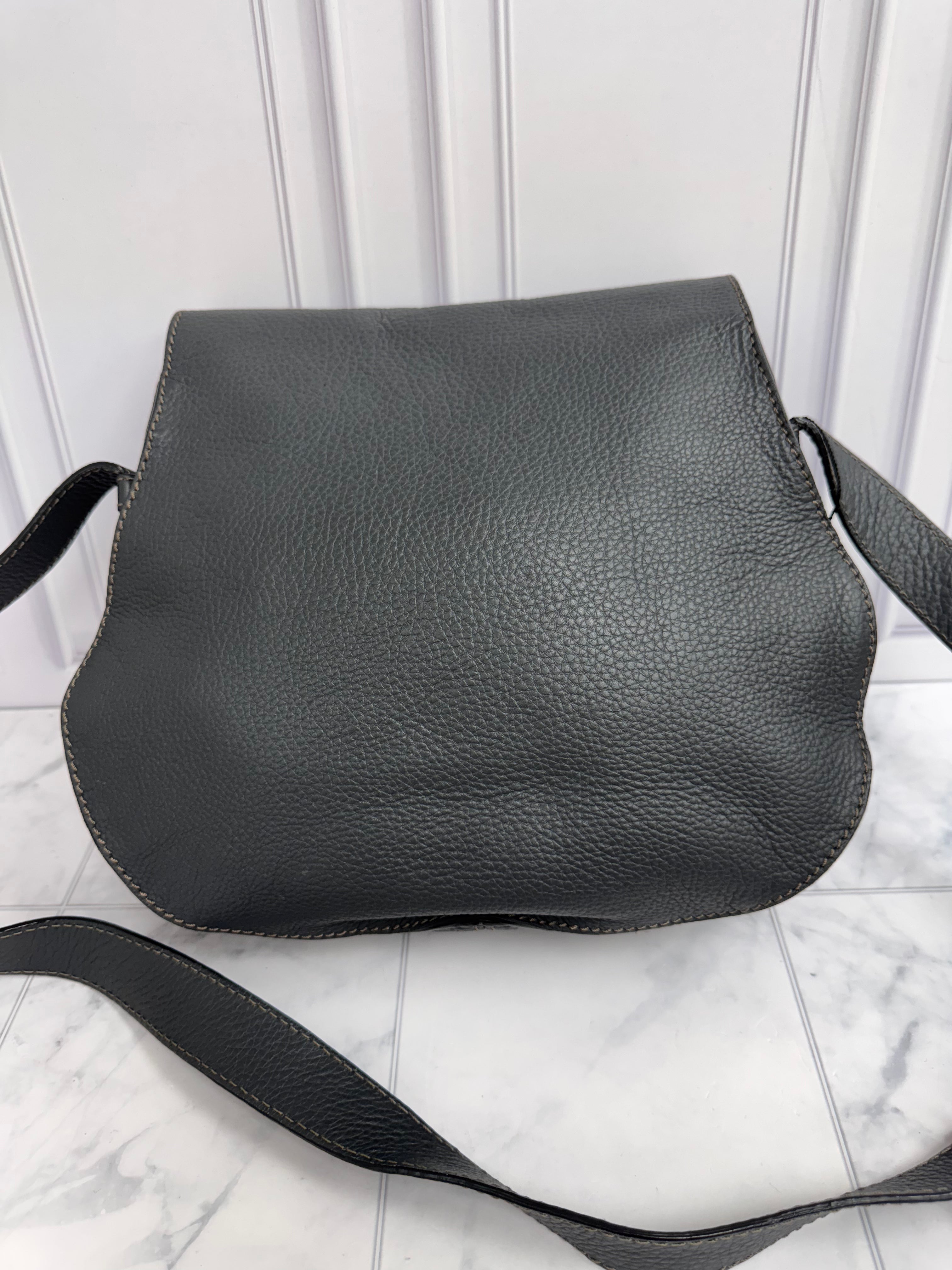 Chloe Dark Grey Grained Leather Medium Marcie Crossbody Bag
