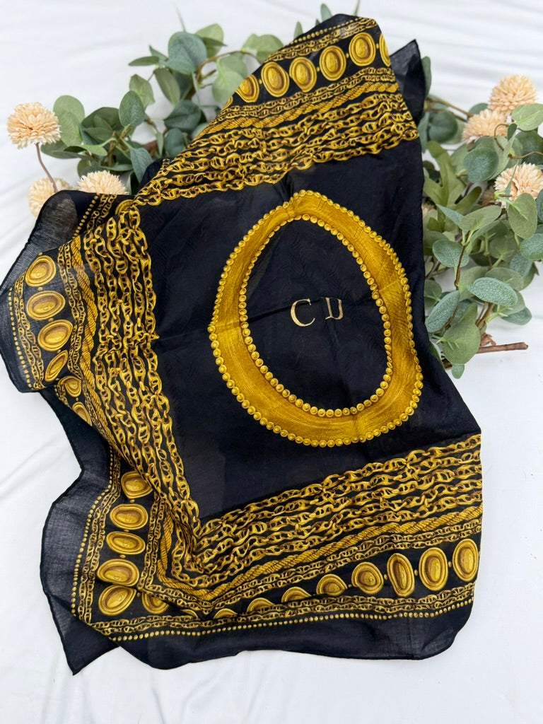 Christian Dior Vintage Black & Gold Cotton Chained Logo Square Scarf