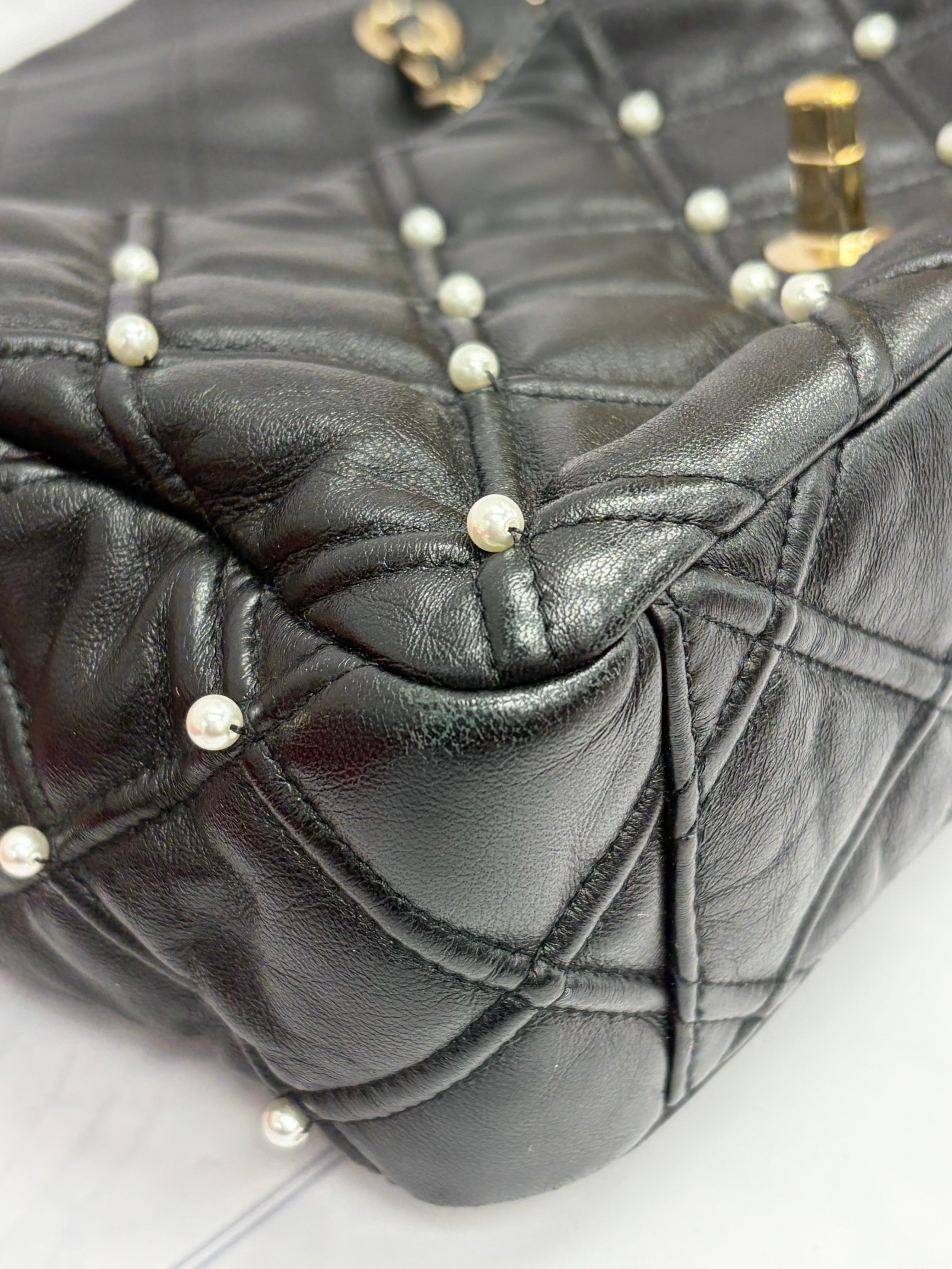 Chanel Black Quilted Lambskin Pearl Studded Flap Bag
