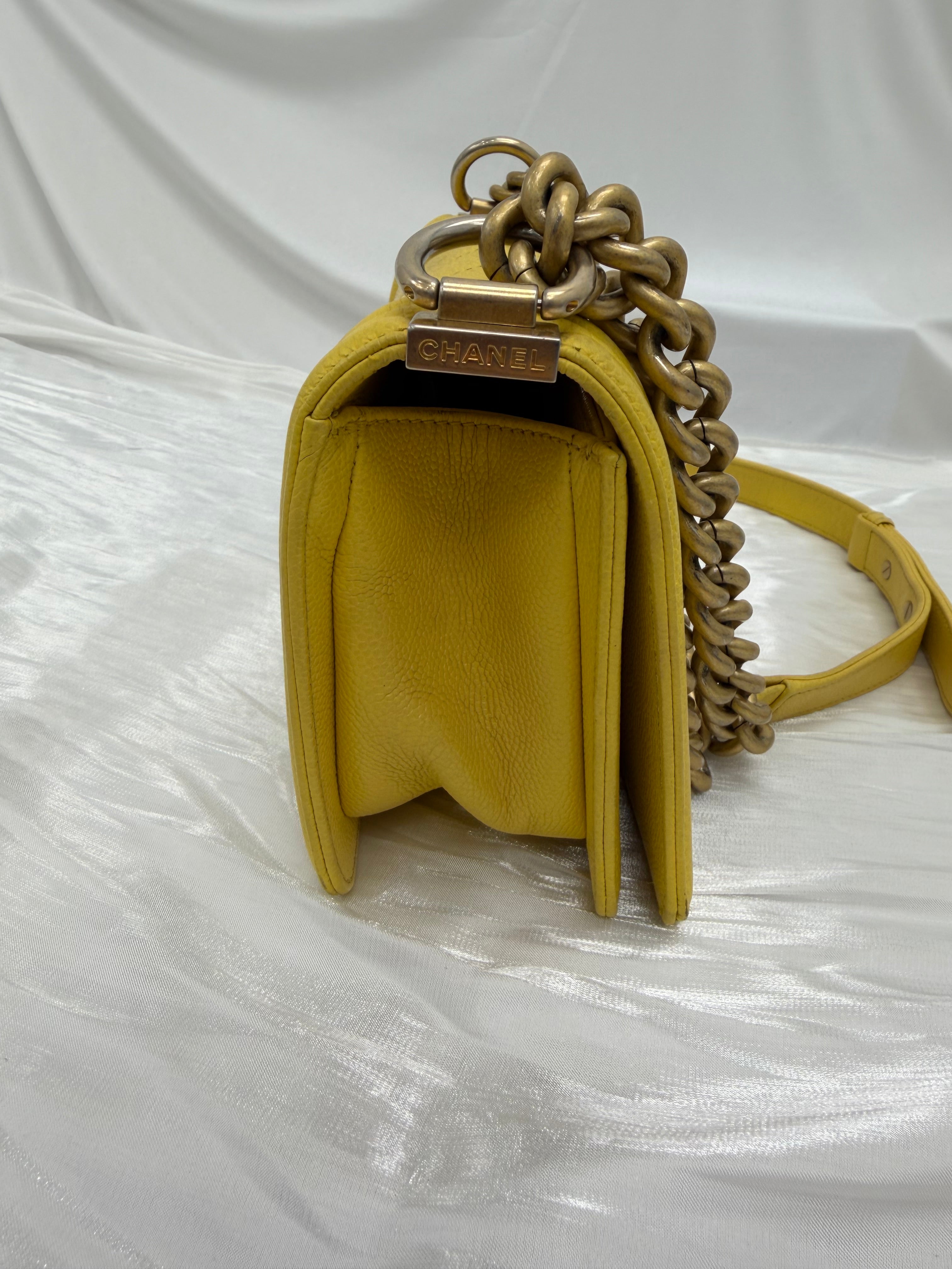 Chanel Yellow Chevron Caviar Leather Small Boy Flap Bag
