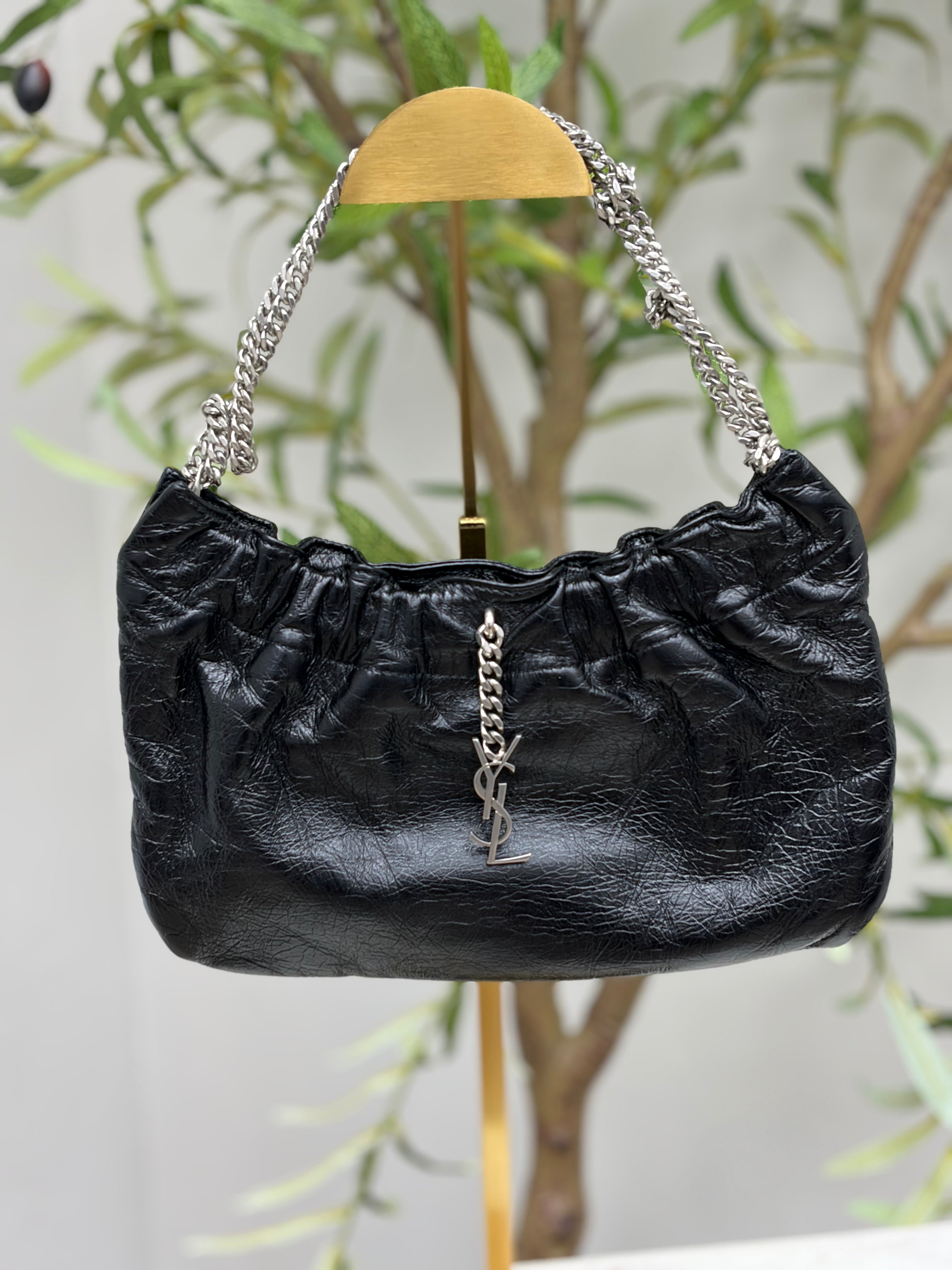 Saint Laurent YSL Black Crinkled Leather Pac Pac Ruched Hobo Bag