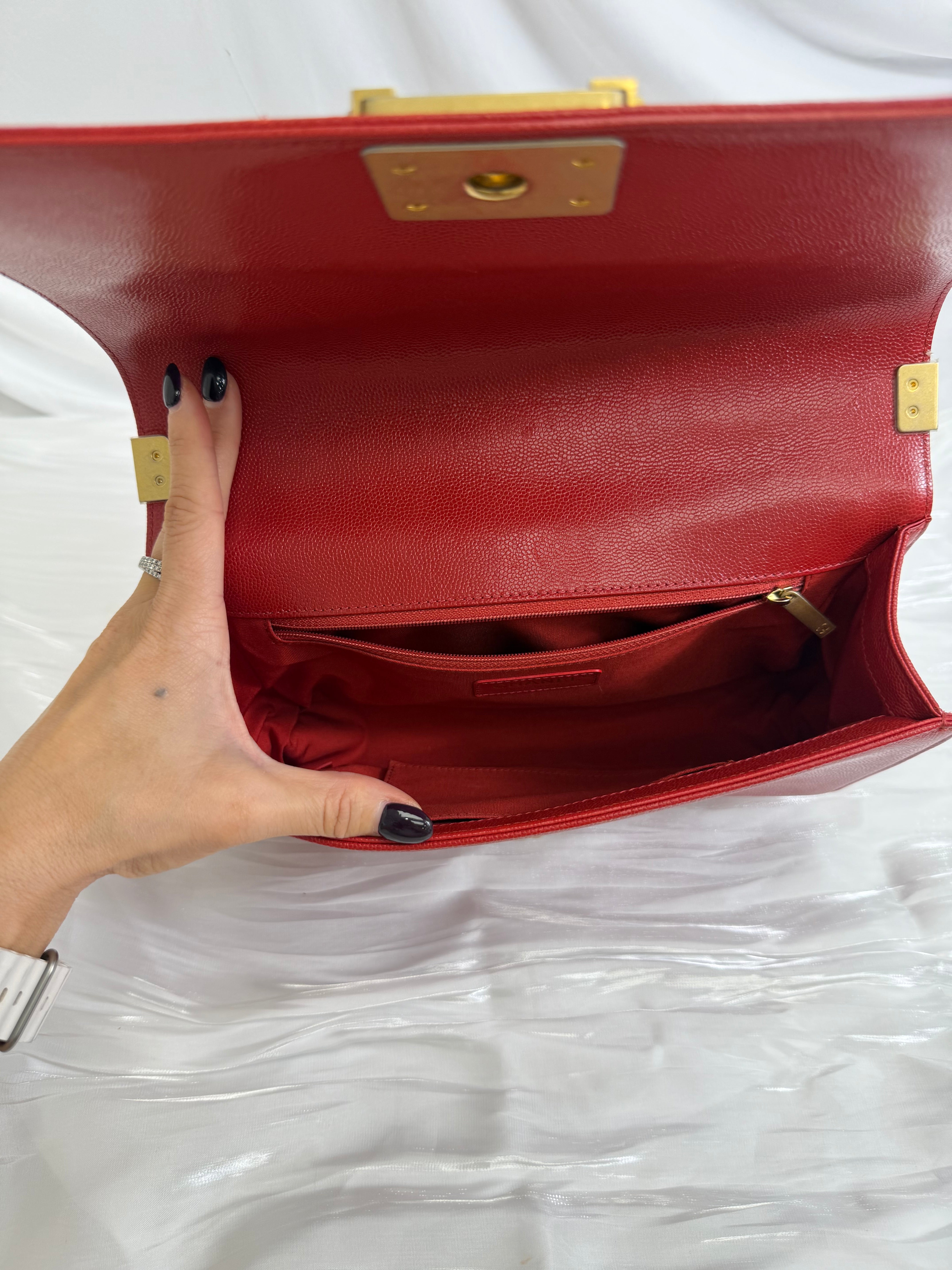 Chanel Red Chevron Quilted Caviar Medium Boy Bag