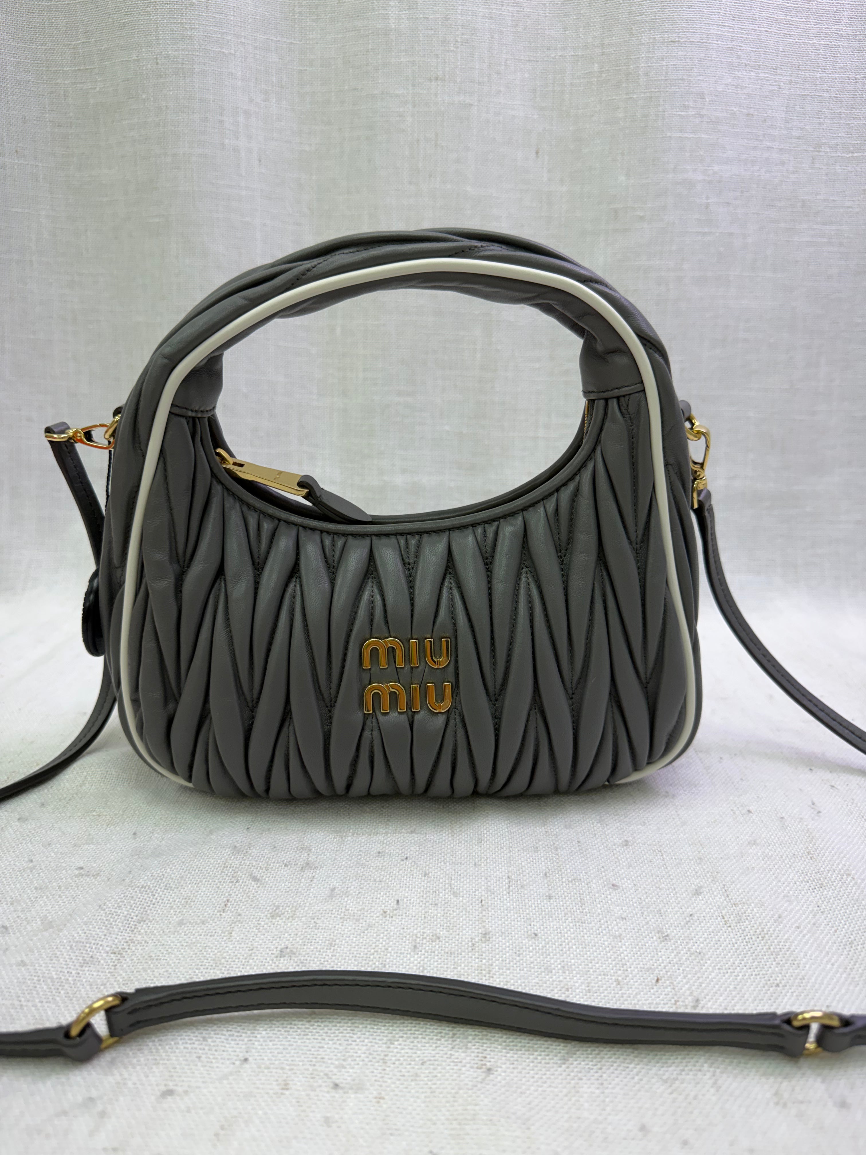 Miu Miu Grey Nappa Quilted Leather Small Wander Hobo Handbag