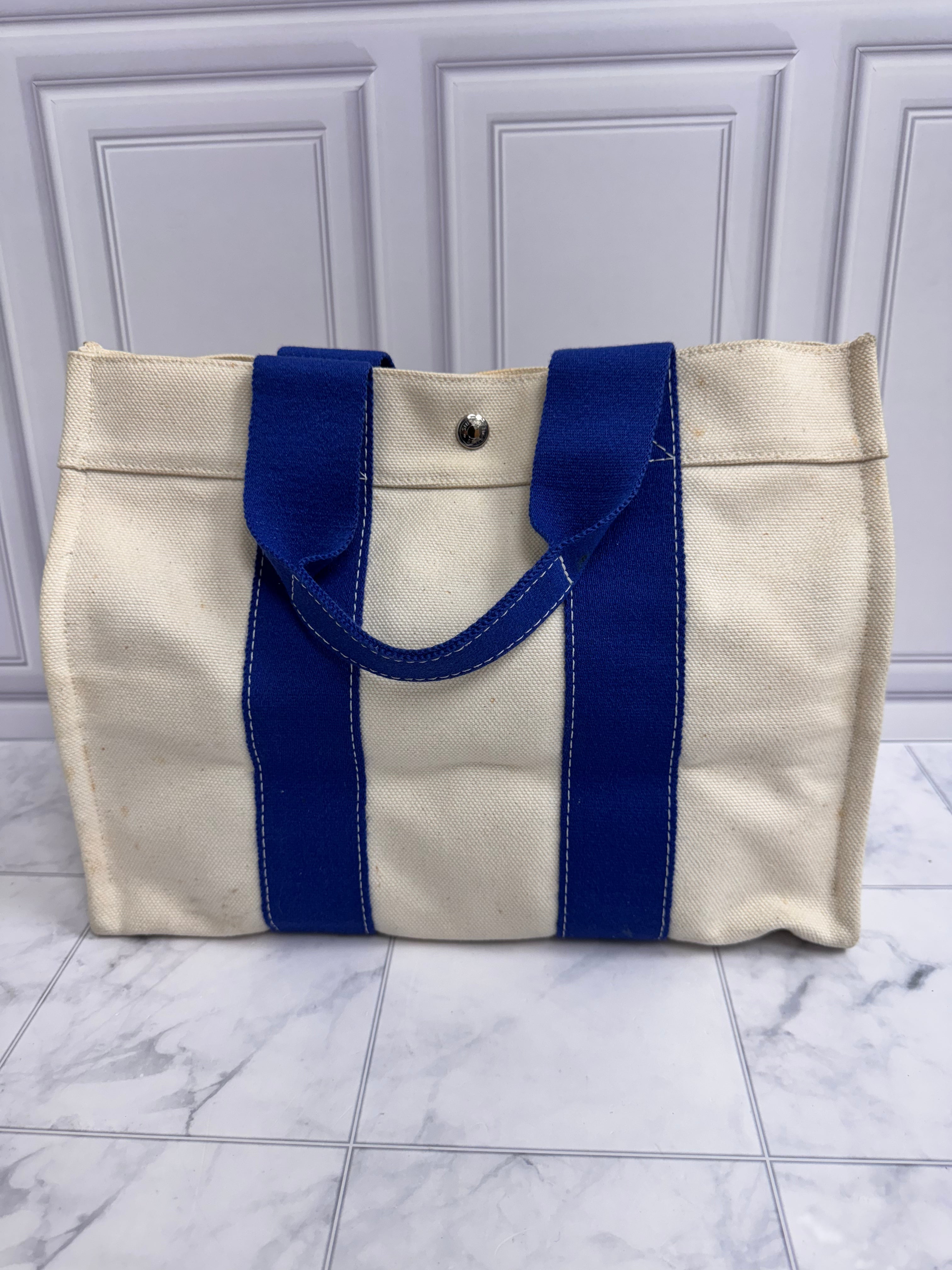 Hermes Beige And Blue Canvas Bora Bora Tote Bag PM